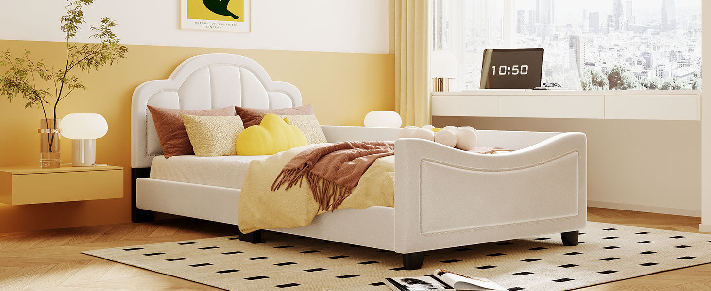 Twin Size Upholstered Daybed with Cloud Shaped Headboard, Embedded Elegant Copper Nail Design, Beige - Atlantic Fine Furniture Melbourne FL