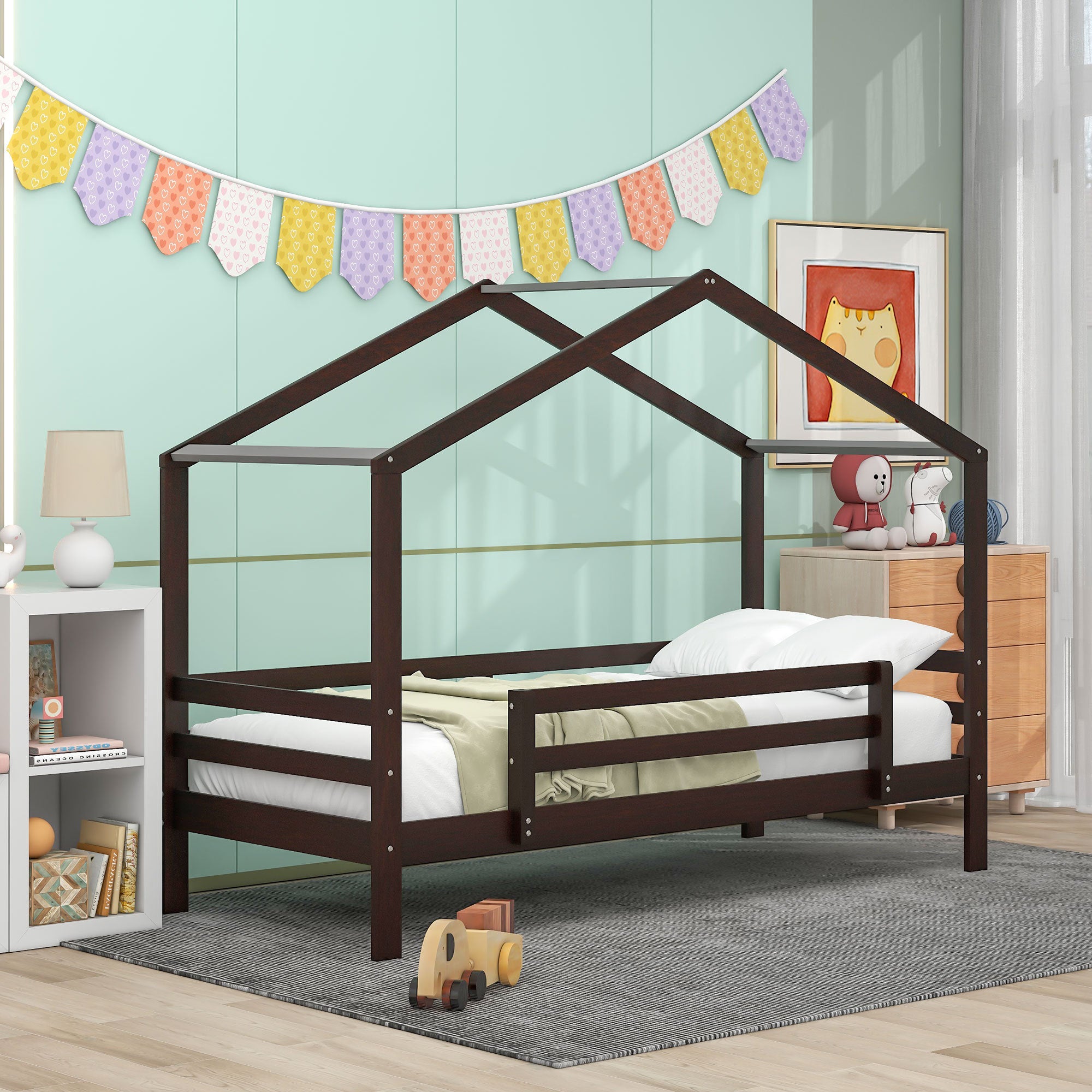 Twin Over Twin Bunk Bed with Roof, Slide and Ladder, Espresso - Atlantic Fine Furniture Melbourne FL