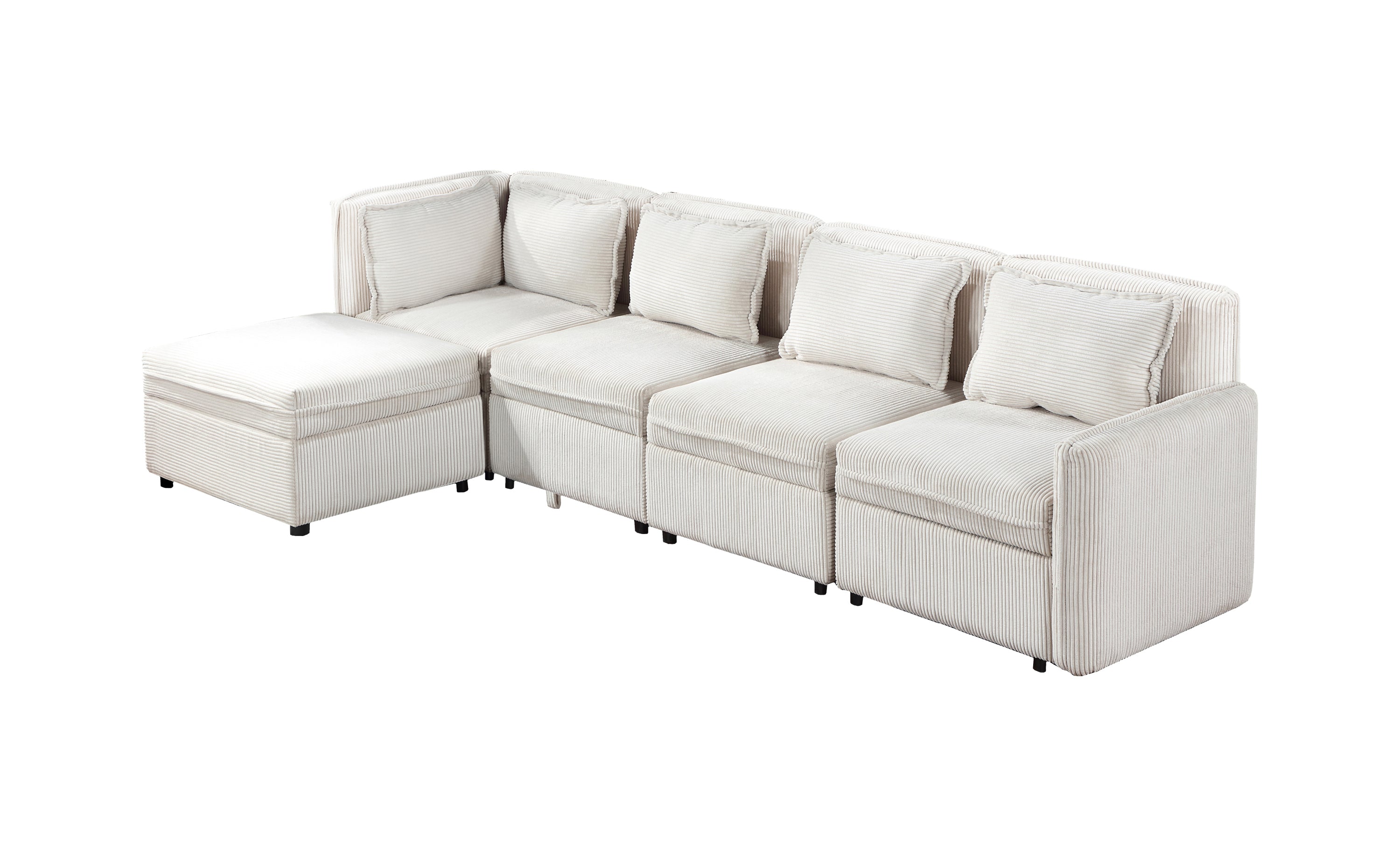 Modular Corduroy Sectional Sofa, Convertible L Shaped Couch Sofa with Storage, 5 Seat Sofa Couch for Living Room, Beige