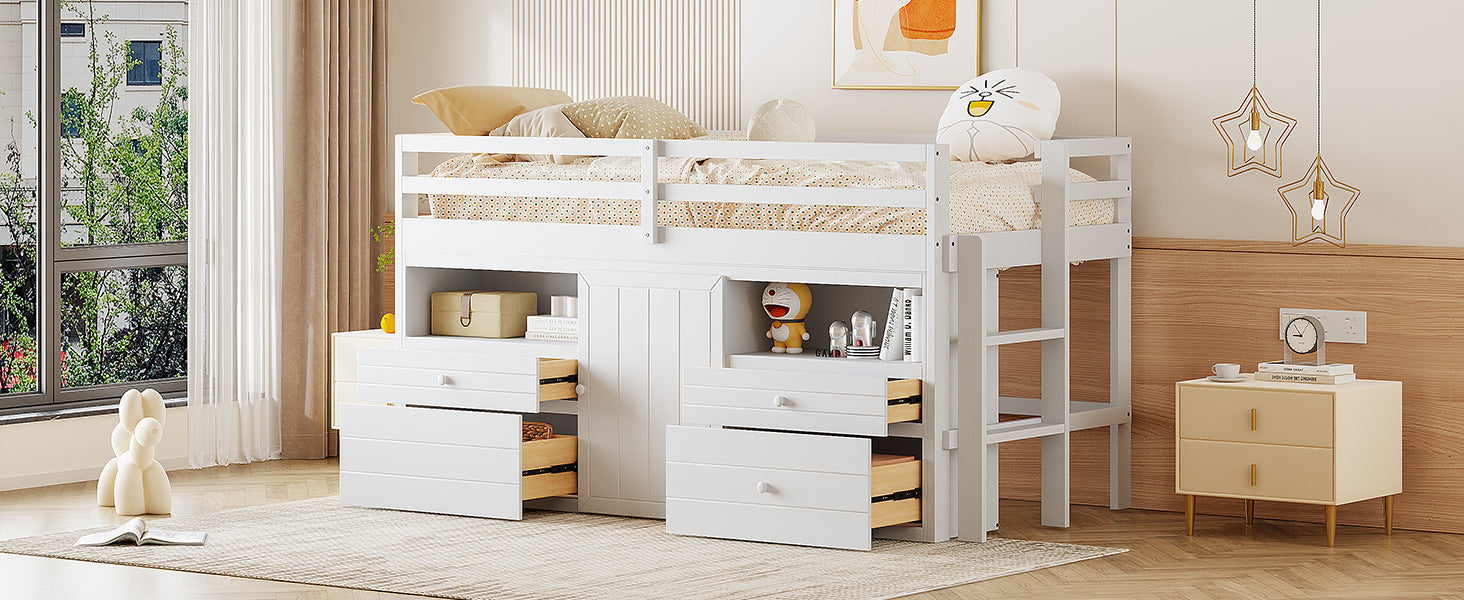 Twin Size Loft Bed with 4 Drawers, Underneath Cabinet and Shelves, White - Atlantic Fine Furniture Melbourne FL