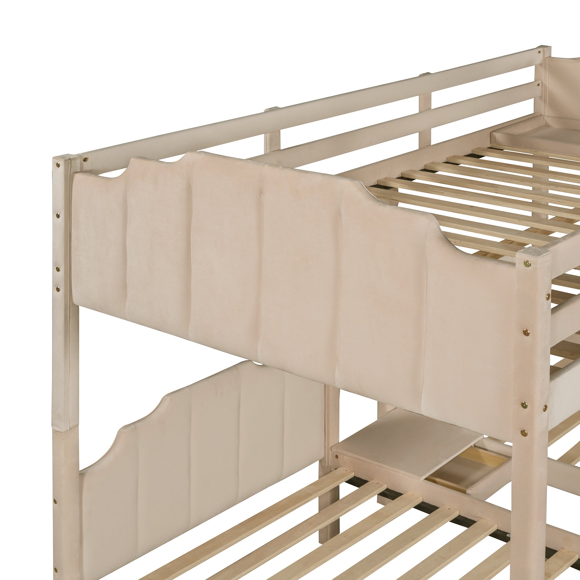 Full Over Twin & Twin Bunk Bed, Velvet Triple Bunk Bed with Drawers and Guardrails, Beige - Atlantic Fine Furniture Melbourne FL