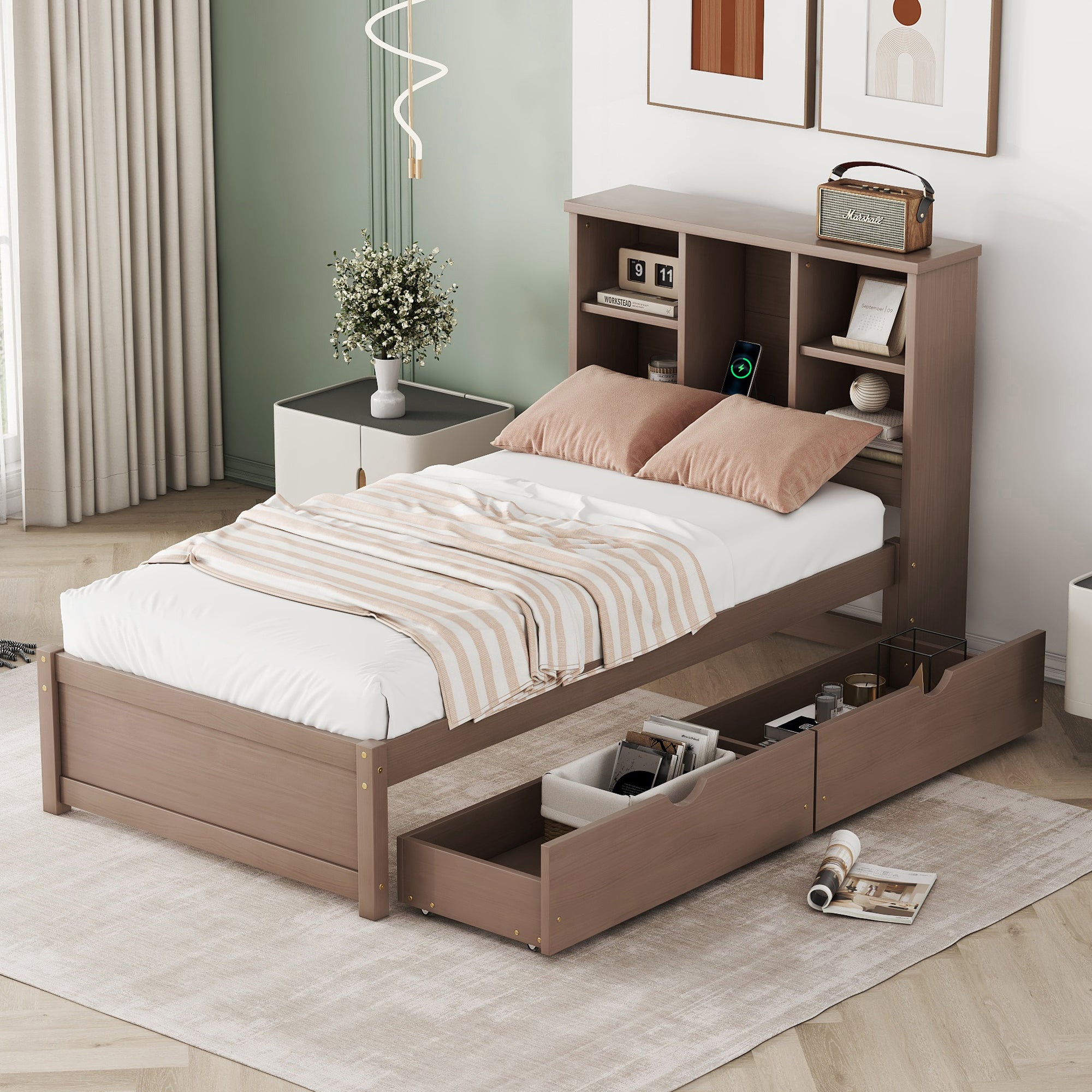 Modern Twin Size Bed Frame With Built-in USB Port on Bookcase Headboard and 2 Drawers for Walnut Color - Atlantic Fine Furniture Melbourne FL