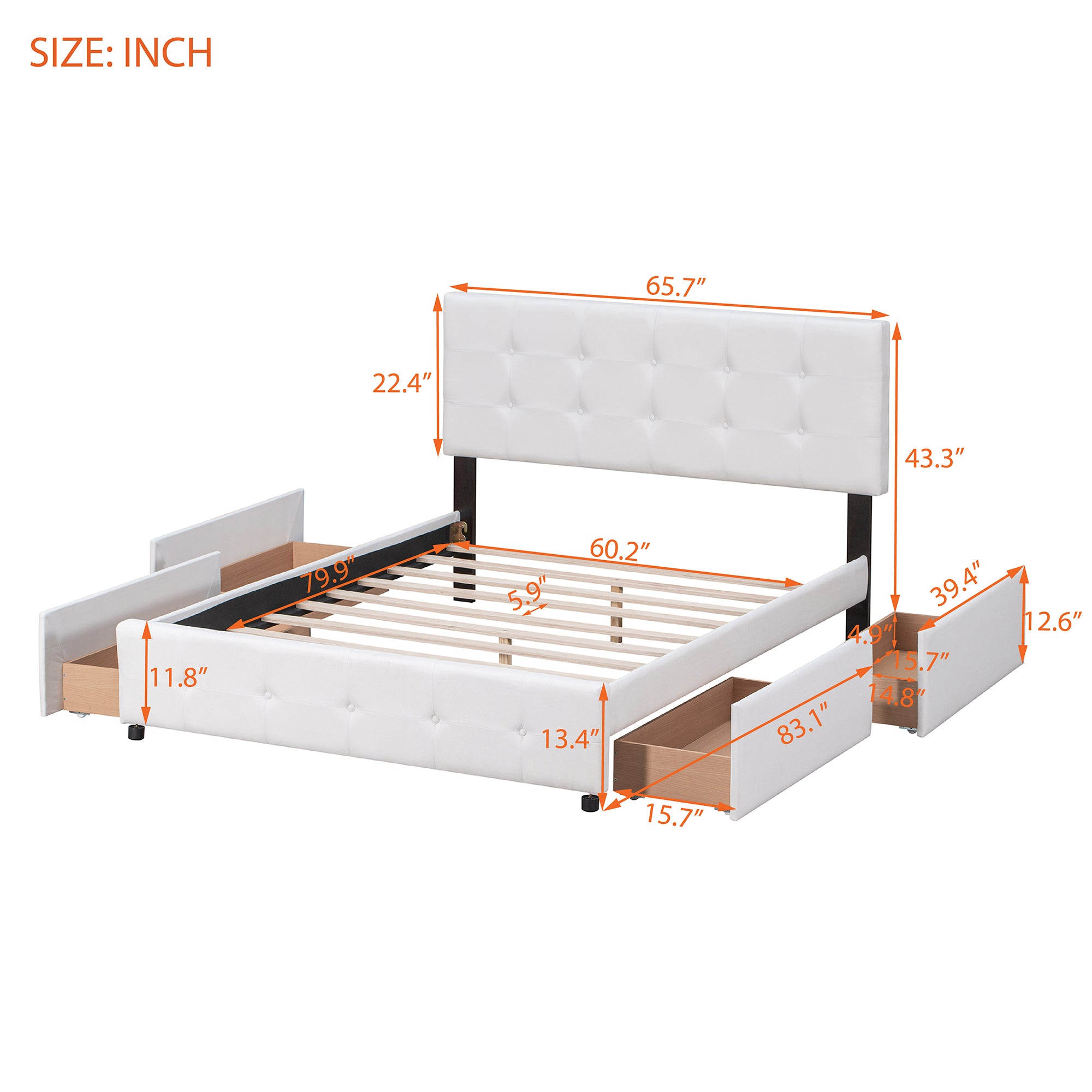 Upholstered Platform Bed with Classic Headboard and 4 Drawers, No Box Spring Needed, Linen Fabric, Queen Size White - Atlantic Fine Furniture Melbourne FL