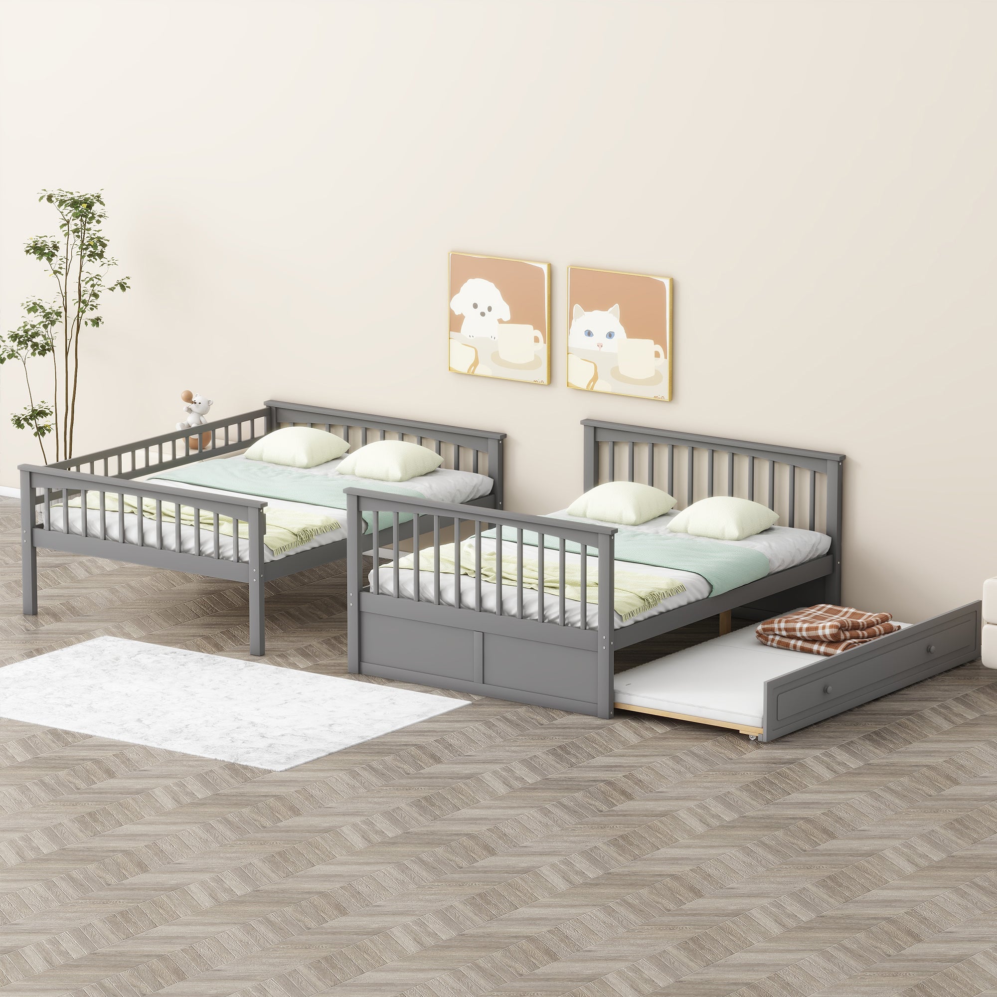 Full over Full Bunk Bed with Twin Size Trundle, Convertible Beds, Gray - Atlantic Fine Furniture Melbourne FL