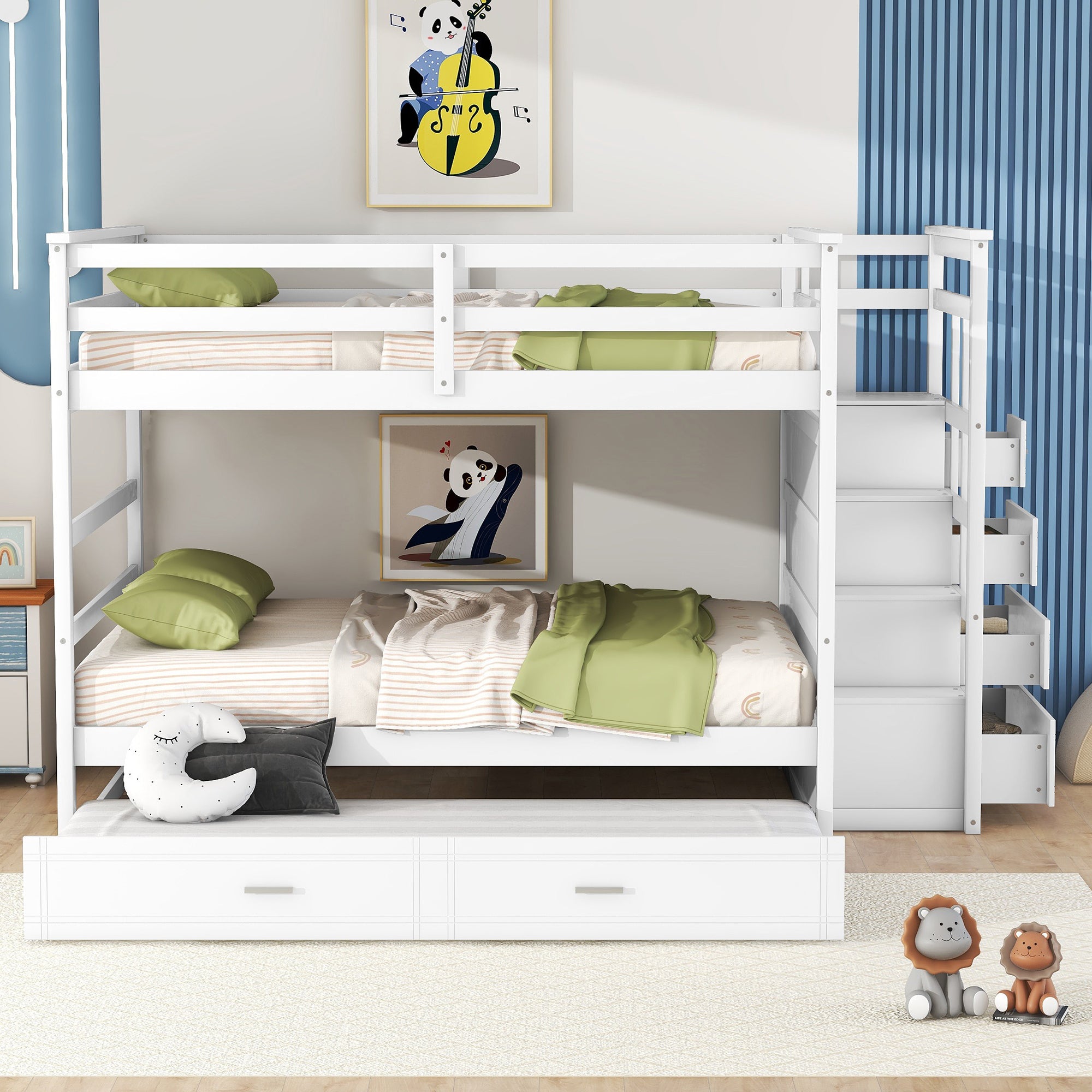 Full Over Full Bunk Bed with Twin Size Trundle and Staircase, White - Atlantic Fine Furniture Melbourne FL