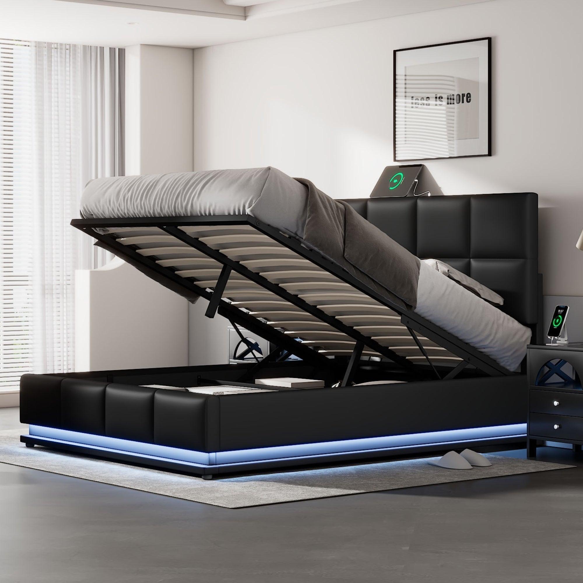 Full Size Tufted Upholstered Platform Bed with Hydraulic Storage System,PU Storage Bed with LED Lights and USB charger, Black - Atlantic Fine Furniture Melbourne FL