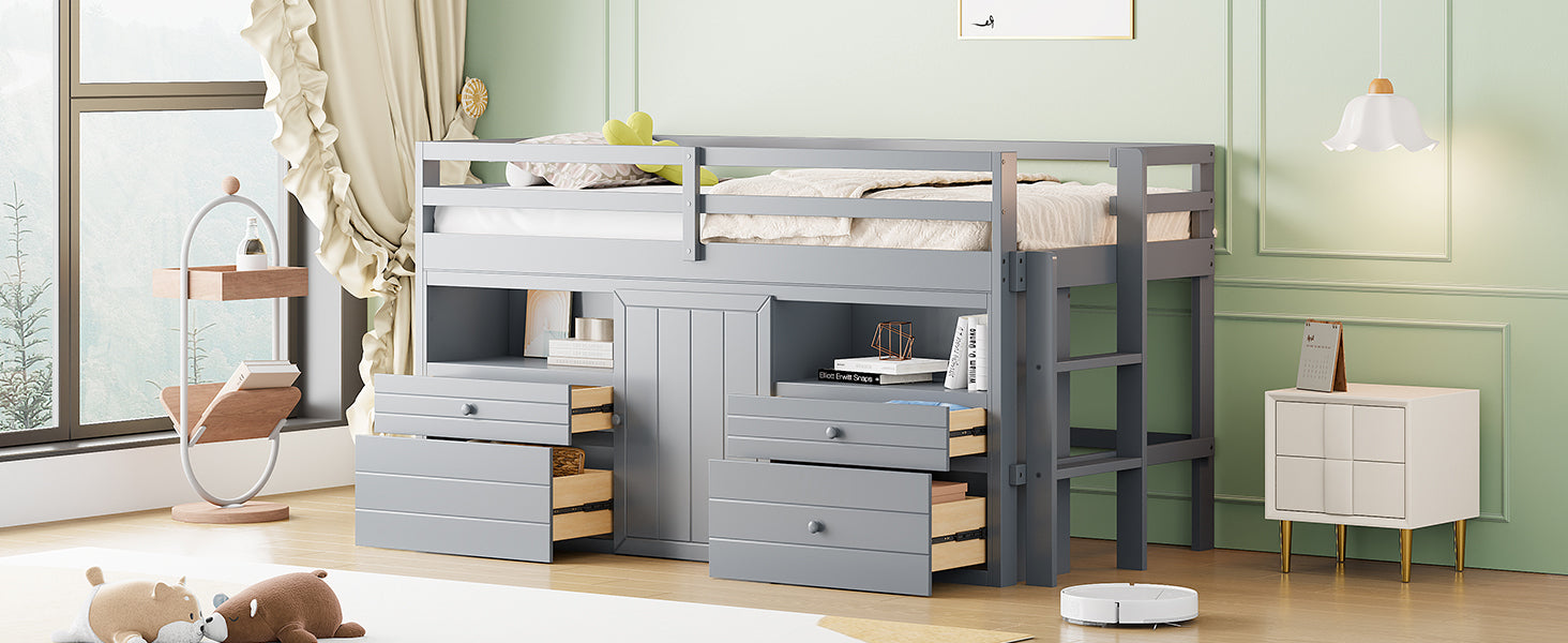 Twin Size Loft Bed with 4 Drawers, Underneath Cabinet and Shelves, Gray - Atlantic Fine Furniture Melbourne FL