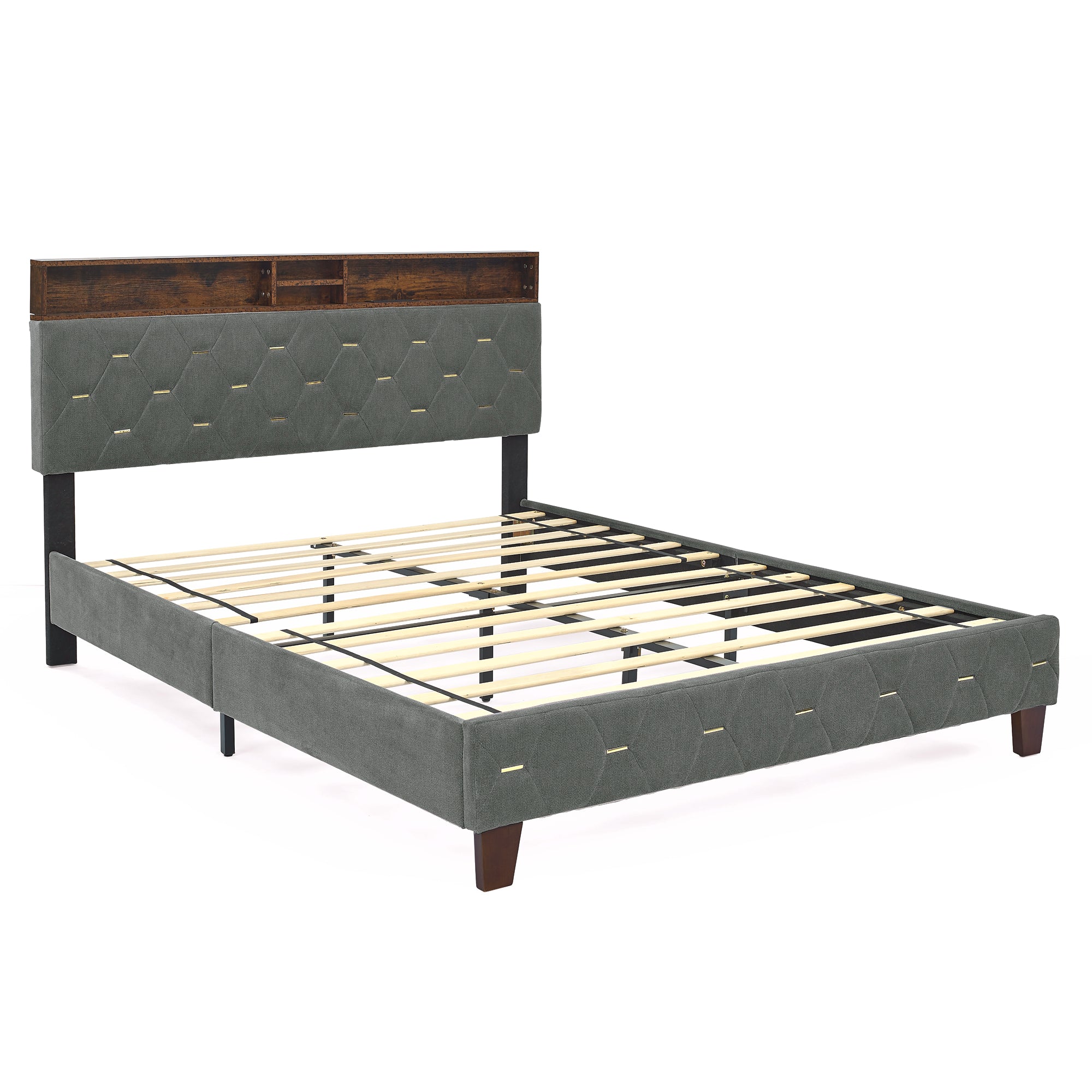 Queen Size Bed Frame, Shelf Upholstered Headboard, Platform Bed with Outlet & USB Ports, Wood Legs, No Box Spring Needed, Easy Assembly, Grey - Atlantic Fine Furniture Melbourne FL
