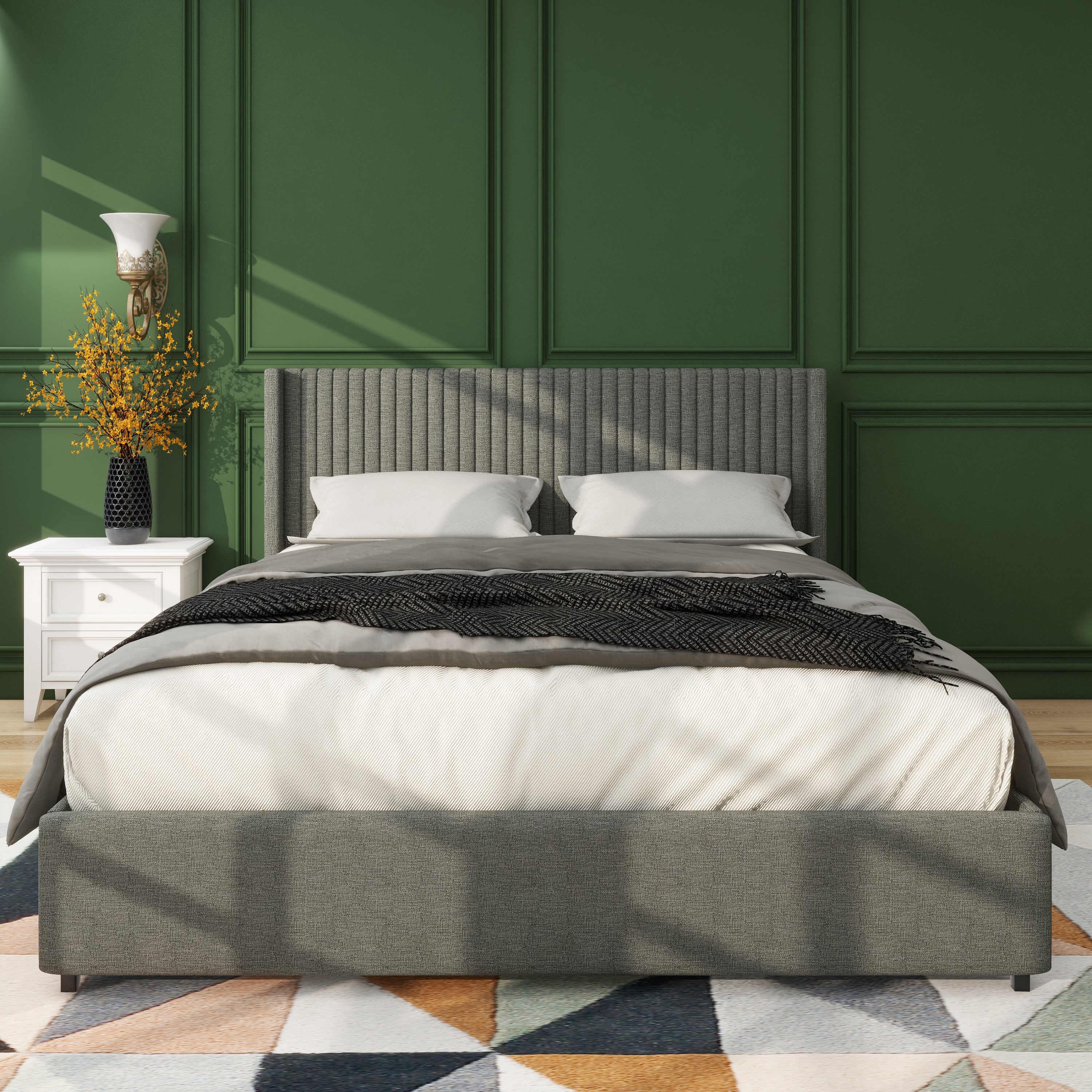 Anna Full Size Gray Linen Upholstered Wingback Platform Bed with Patented 4 Drawers Storage, Modern Design Headboard with Tight Channel, Wooden Slat Mattress Support No Box Spring Needed - Atlantic Fine Furniture Melbourne FL