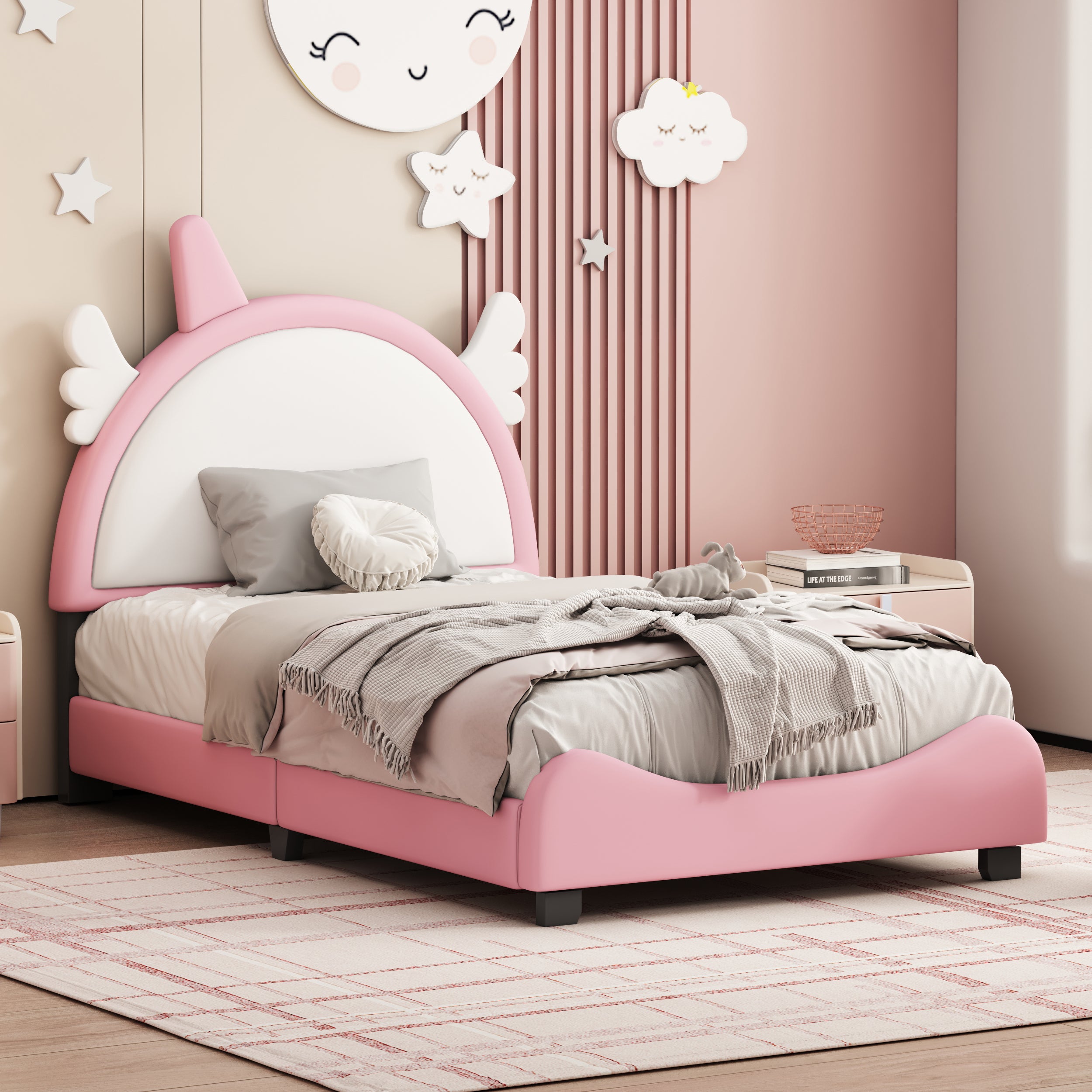 Cute Twin size Upholstered Bed With Unicorn Shape Headboard,Twin Size Platform Bed with Headboard and Footboard,White+Pink - Atlantic Fine Furniture Melbourne FL
