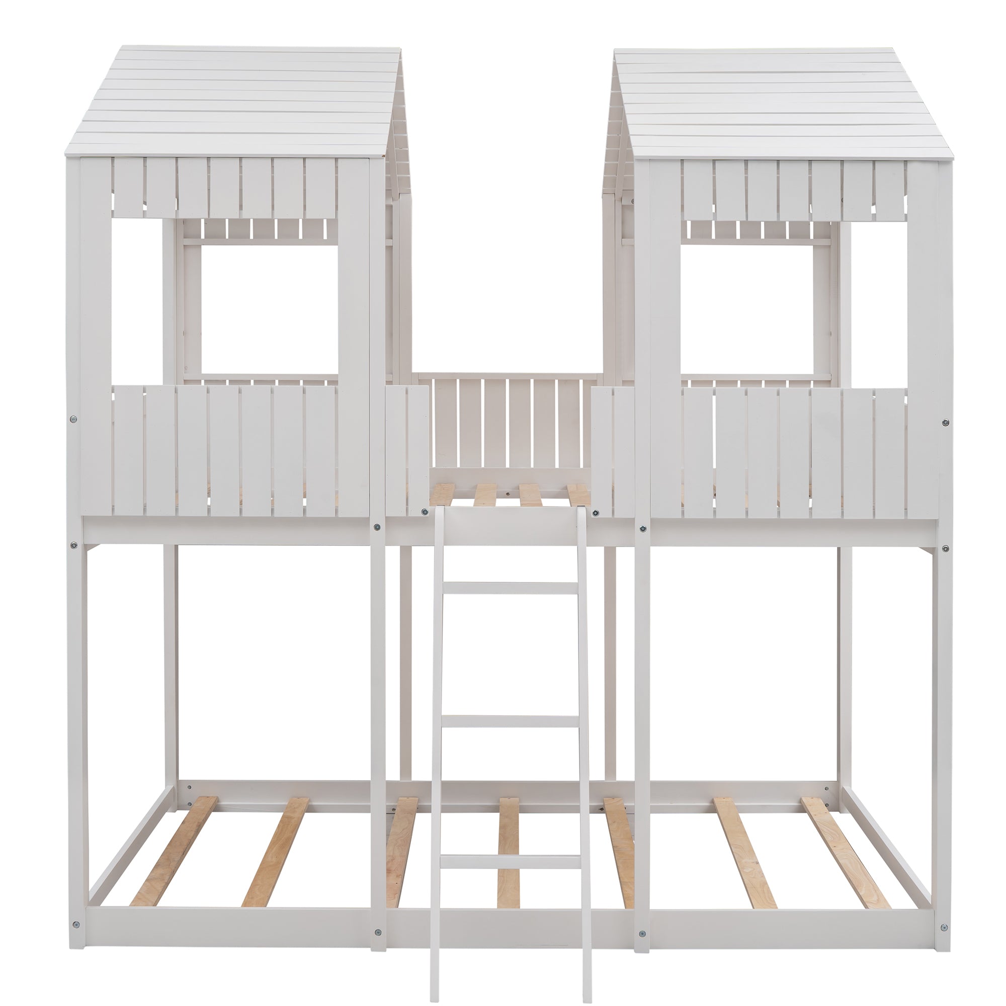 Full Over Full WoodBunk Bed with Roof, Window, Guardrail, Ladder(White)( old sku: LT000031AAK ) - Atlantic Fine Furniture Melbourne FL
