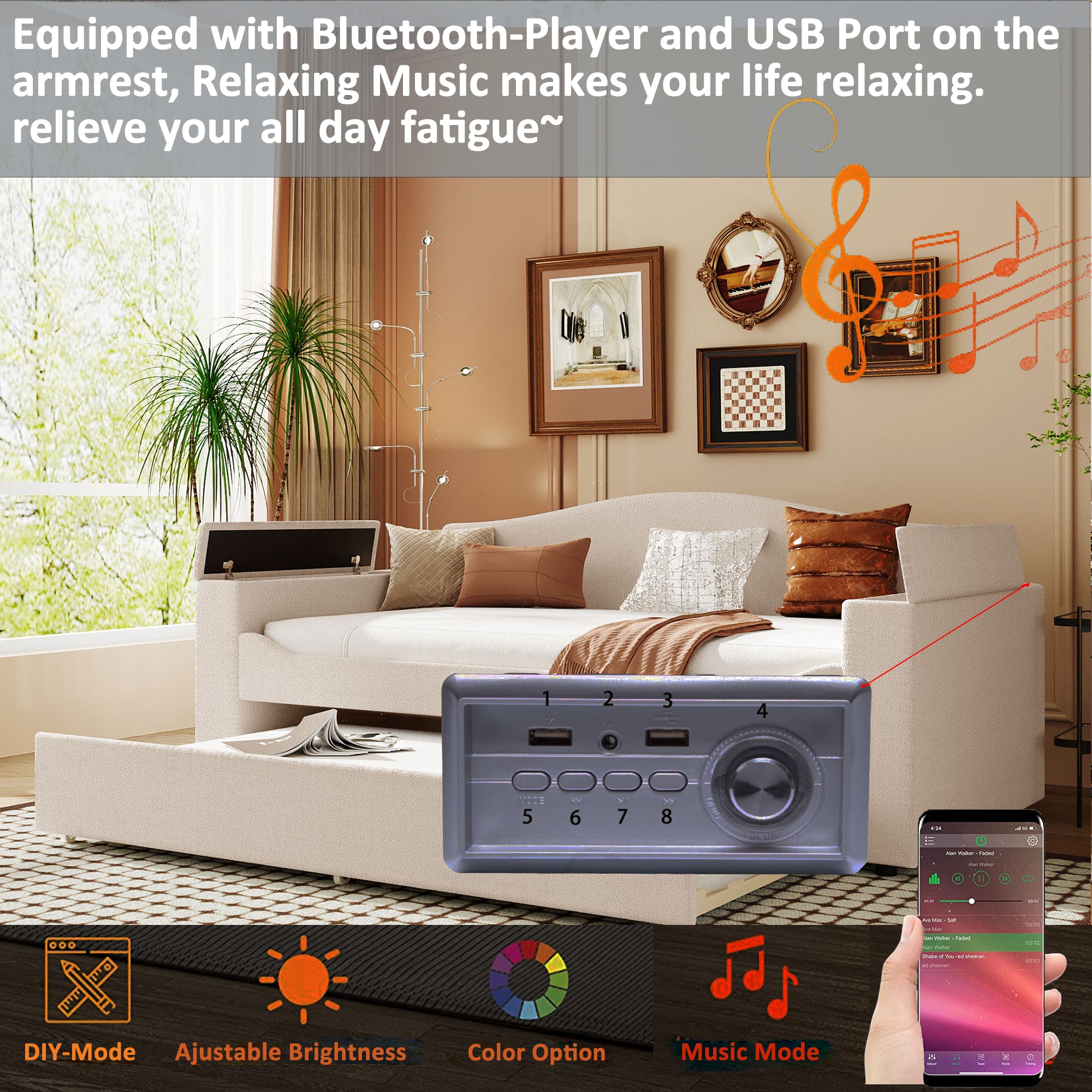 Twin Size Upholstered Daybed with Storage Armrests, Trundle and Latest Integrated Bluetooth Audio System, Teddy Fleece, Beige - Atlantic Fine Furniture Melbourne FL
