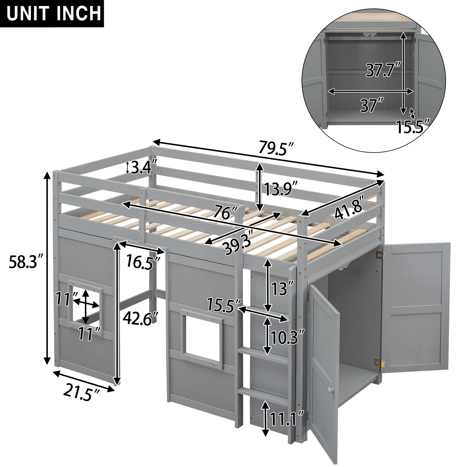 Wood Twin Size Loft Bed with Built-in Storage Wardrobe and 2 Windows, Gray - Atlantic Fine Furniture Melbourne FL
