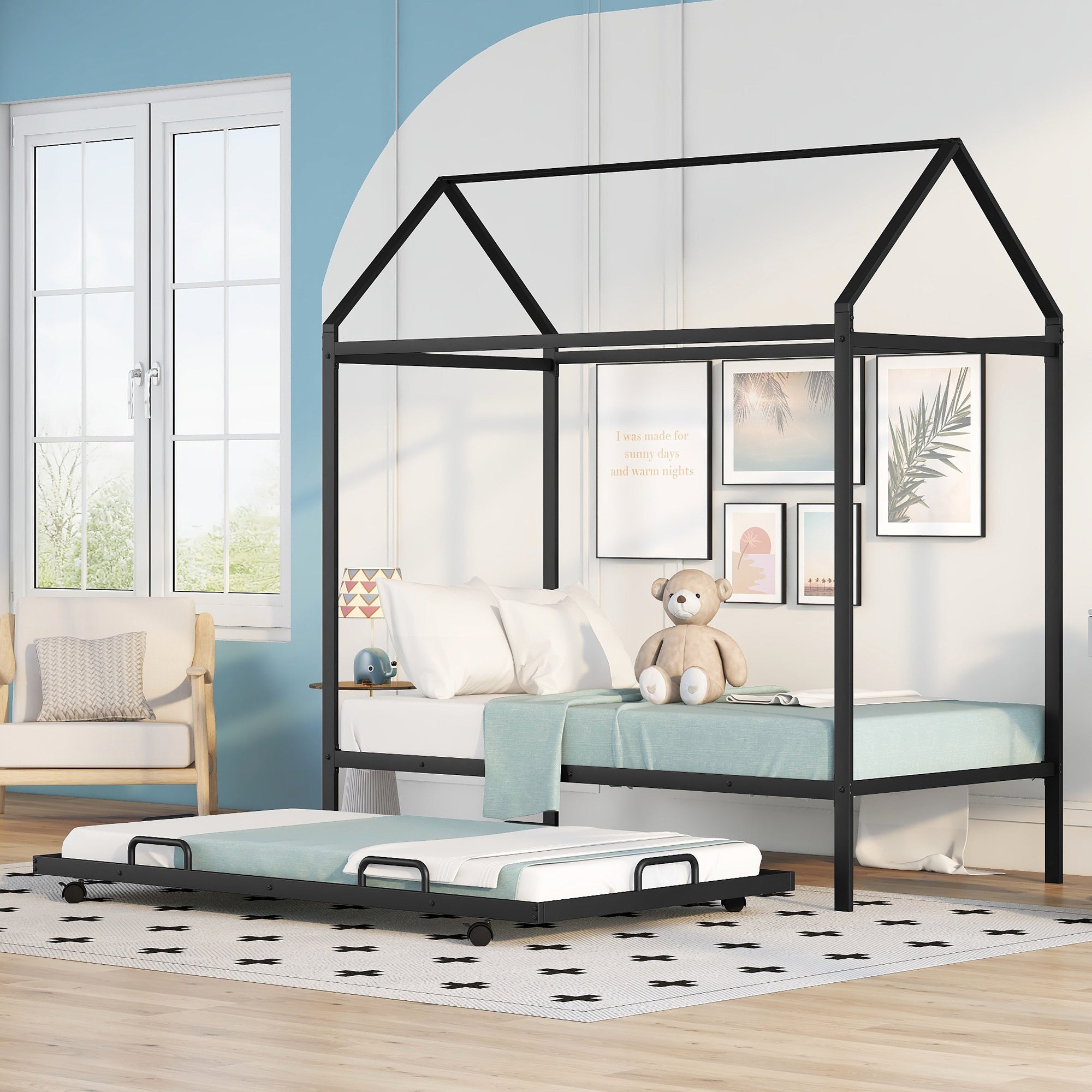 Twin Size Kids House Bed With Trundle, Metal House Bed Black - Atlantic Fine Furniture Melbourne FL