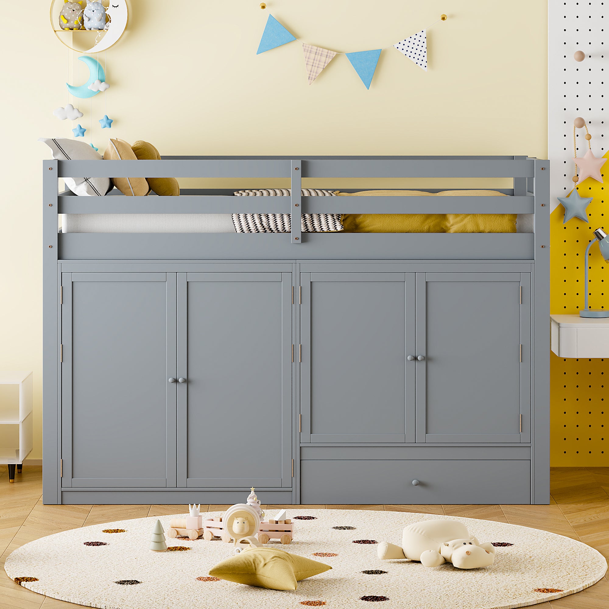 Twin size Loft Bed with Drawer, Two Wardrobes and Mirror, Gray - Atlantic Fine Furniture Melbourne FL