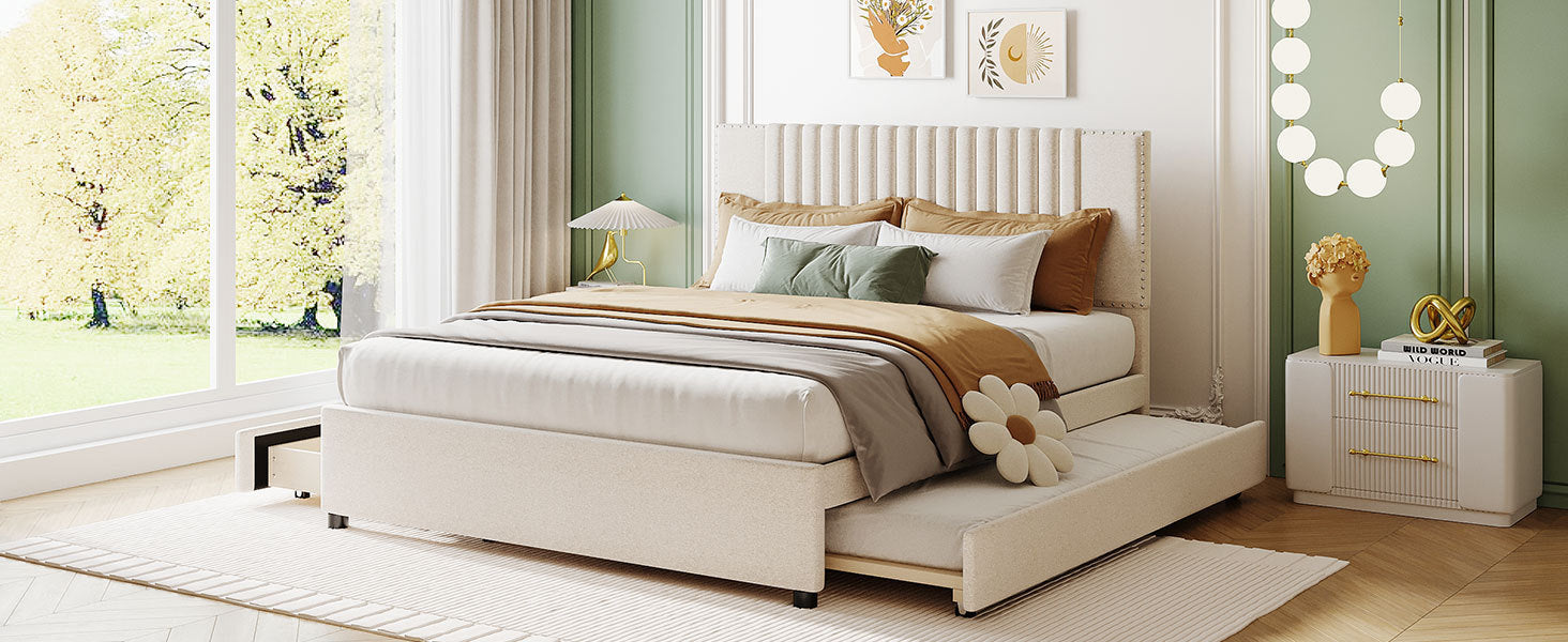 Queen Size Upholstered Platform Bed with 2 Drawers and 1 Twin XL Trundle, Classic Headboard Design, Beige - Atlantic Fine Furniture Melbourne FL