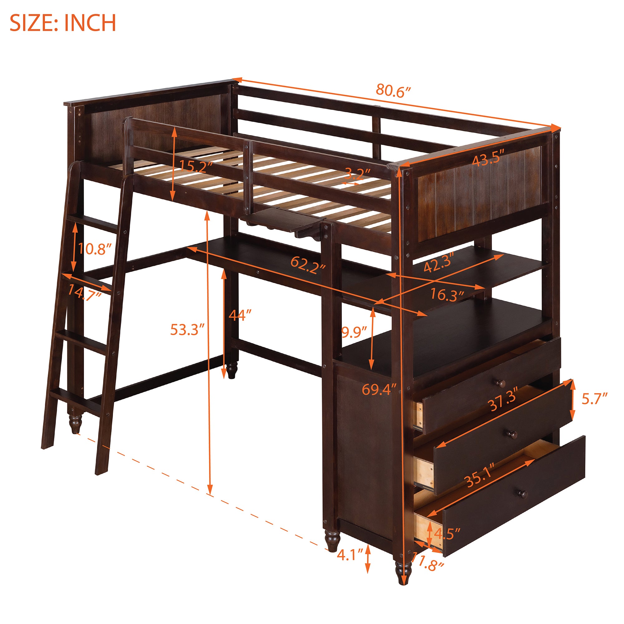 Twin size Loft Bed with Drawers and Desk, Wooden Loft Bed with Shelves - Espresso(OLD SKU: LT001530AAP) - Atlantic Fine Furniture Melbourne FL