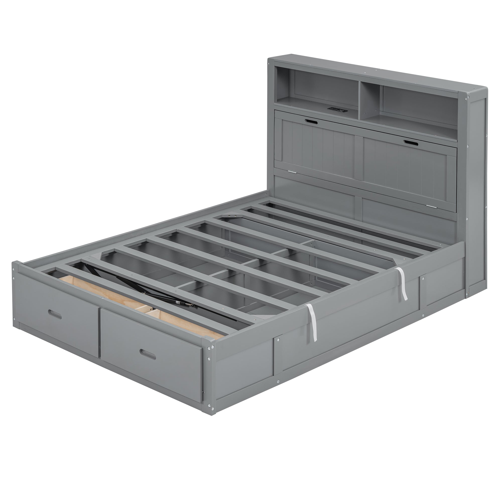 Wood Queen Size Hydraulic Platform Bed with Storage LED Headboard, Charging Station and 2 Drawers, Gray - Atlantic Fine Furniture Melbourne FL