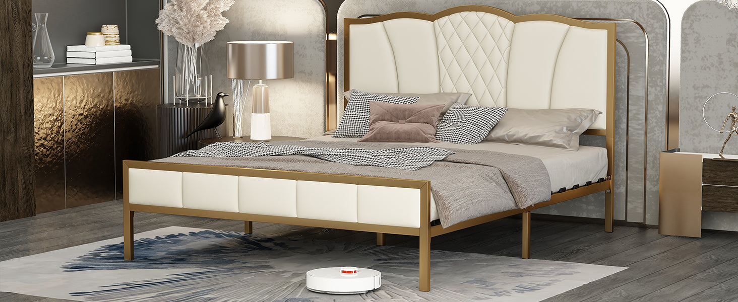 Queen Size Bed Frame, Modern Upholstered Bed Frame with Tufted Headboard, Golden Metal Platform Bed Frame with Wood Slat Support, Noise Free, No Box Spring Needed,Beige - Atlantic Fine Furniture Melbourne FL