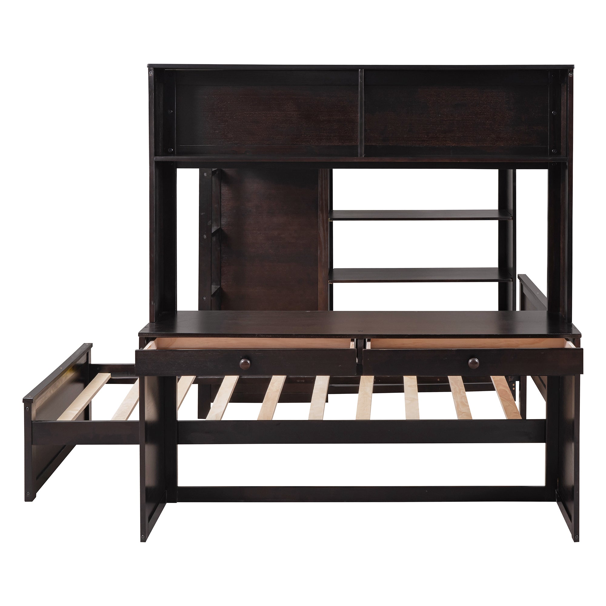 Full size Loft Bed with a twin size Stand-alone bed, Shelves,Desk,and Wardrobe-Espresso - Atlantic Fine Furniture Melbourne FL
