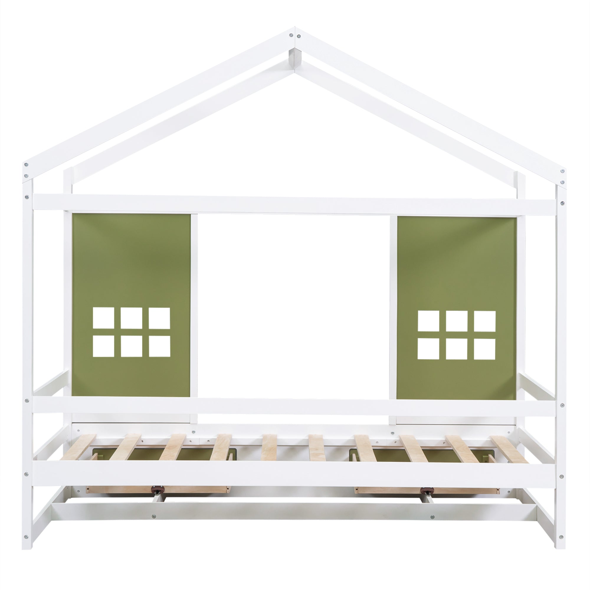Twin Size Wood House Bed with 2 Drawers and Window Decoration, White+Olive Green - Atlantic Fine Furniture Melbourne FL