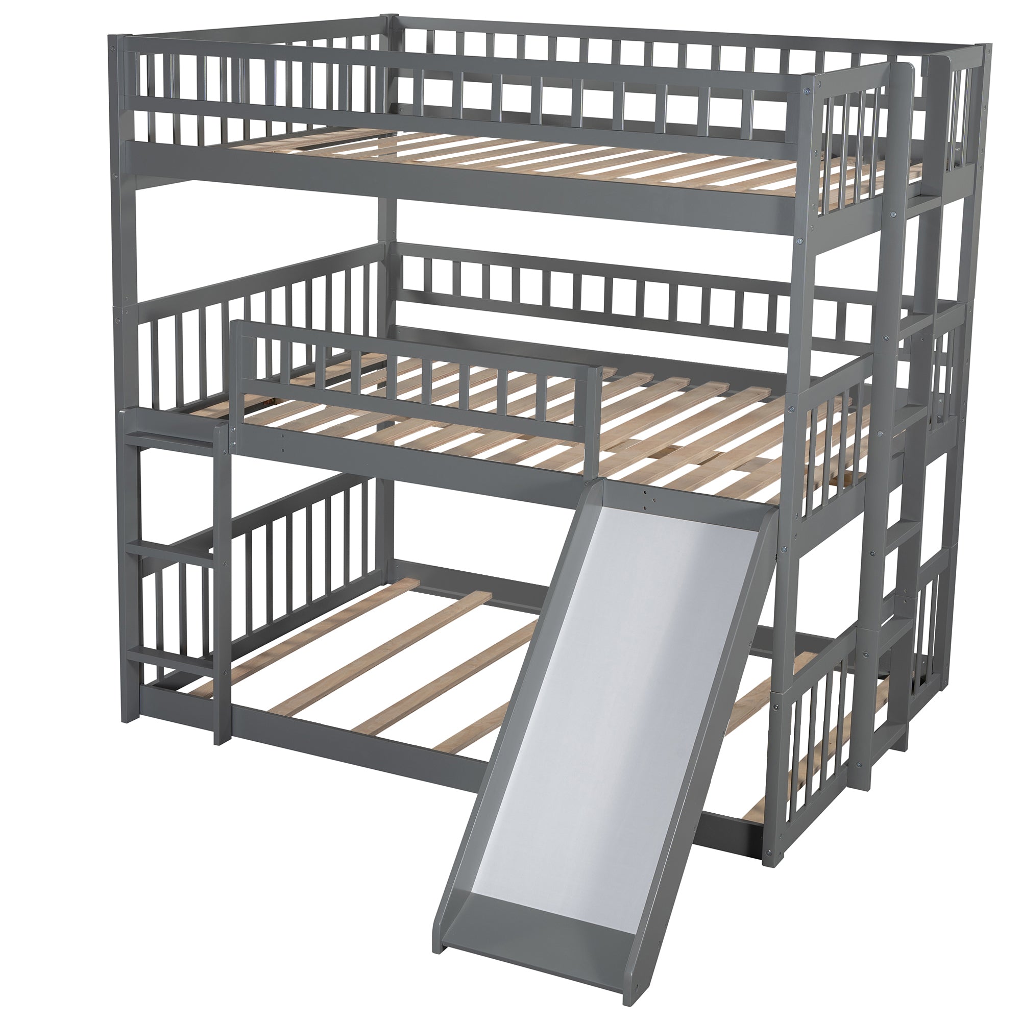 Full-Over-Full-Over-Full Triple Bed with Built-in Ladder and Slide , Triple Bunk Bed with Guardrails, Gray(OLD SKU :LP000052AAE) - Atlantic Fine Furniture Melbourne FL