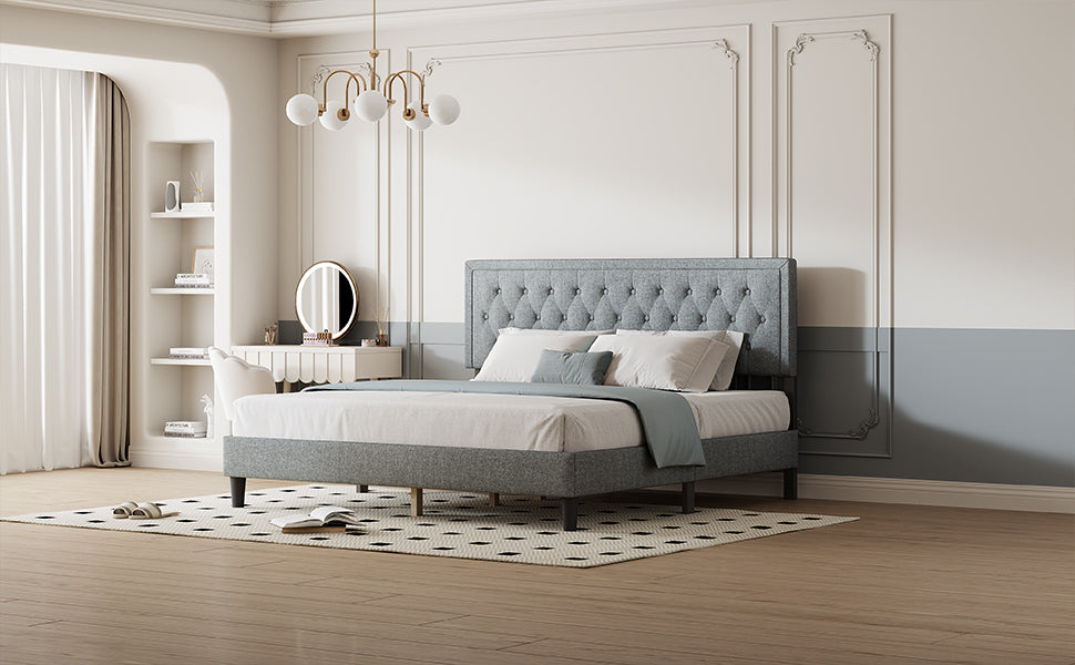 King size Panel Bed Frame with Adjustable Button-Tufted Headboard for Bedroom/Linen Upholstered/Wood Slat Support/Easy Assembly,Light Grey