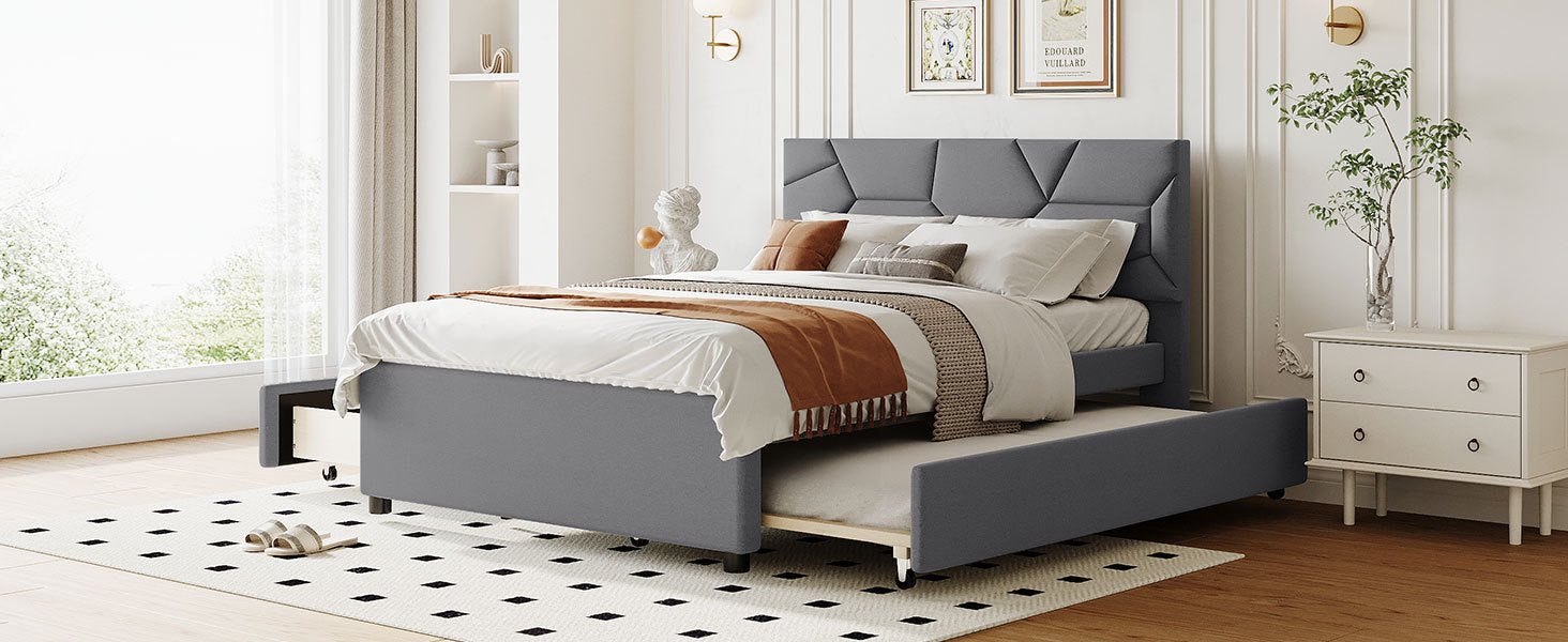 Full Size Upholstered Platform Bed with Brick Pattern Headboard, with Twin Size Trundle and 2 Drawers, Linen Fabric, Gray