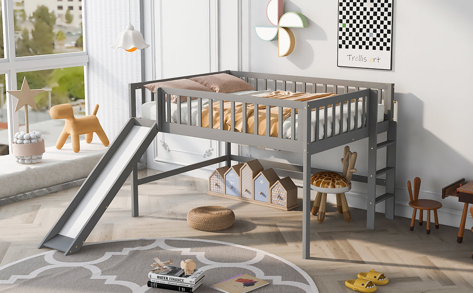 Full Size Low Loft Bed with Ladder and Slide,Gray - Atlantic Fine Furniture Melbourne FL