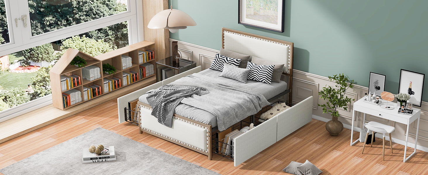 Full Size Upholstered Platform Bed with Nailhead Decoration and 4 Drawers, Brown - Atlantic Fine Furniture Melbourne FL