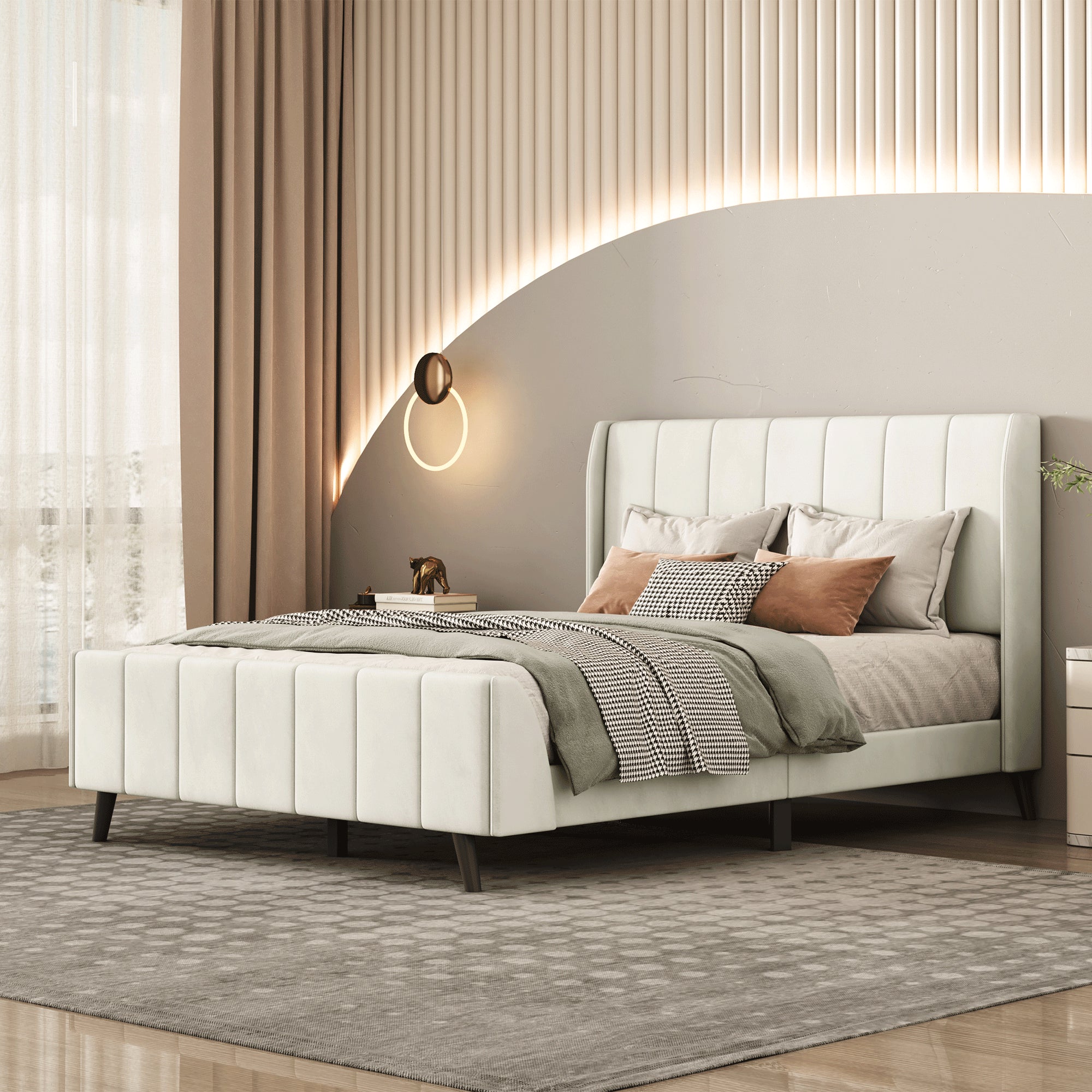 Full Size Upholstered Platform Bed, Velvet, Beige - Atlantic Fine Furniture Melbourne FL