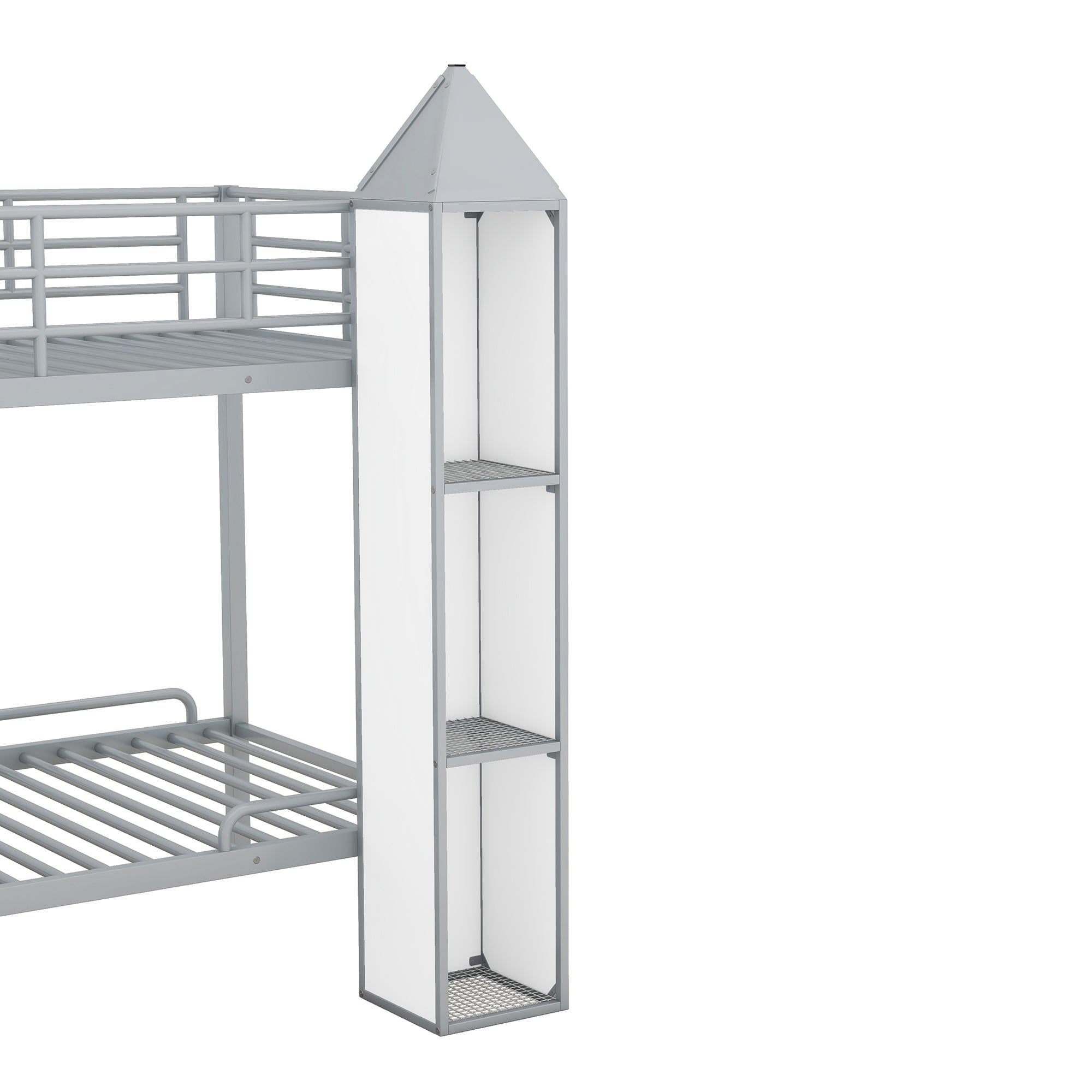 Metal Twin over Twin Castle-shaped Bunk Bed with Wardrobe and Multiple Storage, Gray+White - Atlantic Fine Furniture Melbourne FL