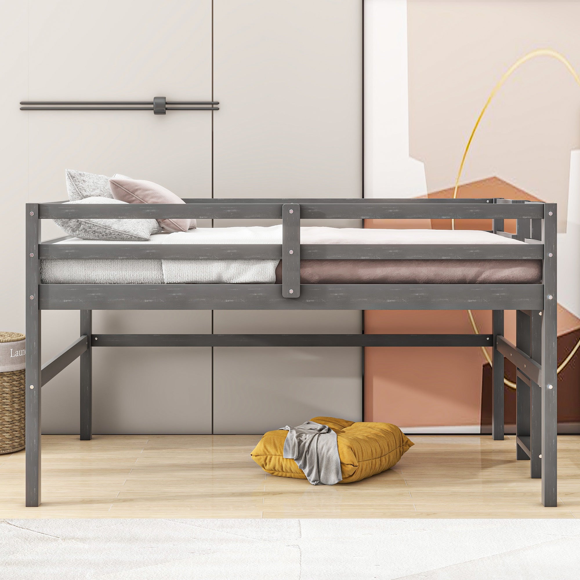 Wood Twin Size Loft Bed with Side Ladder, Antique Grey