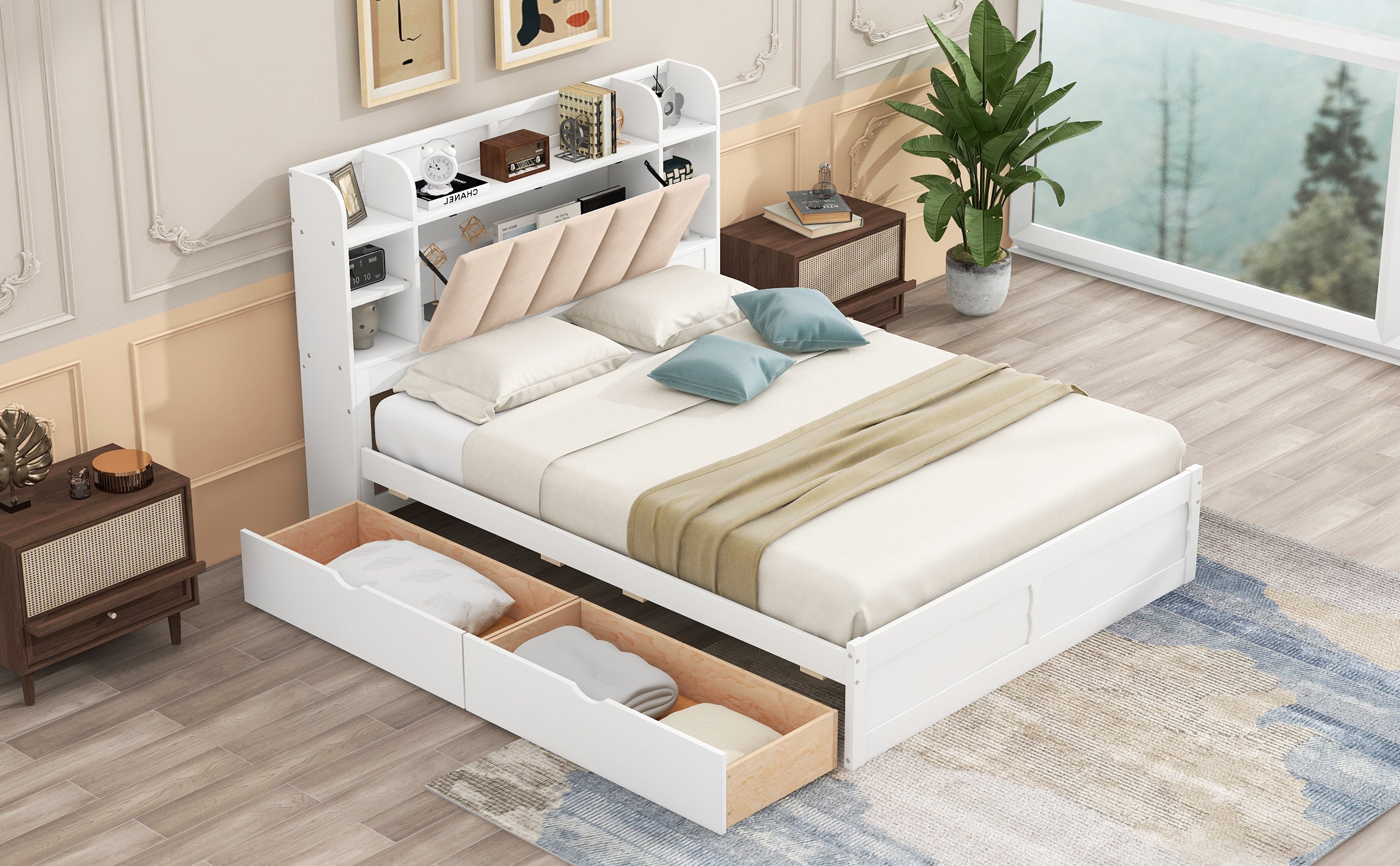 Wood Queen Size Platform Bed with Storage Headboard, Shelves and 2 Drawers, White - Atlantic Fine Furniture Melbourne FL