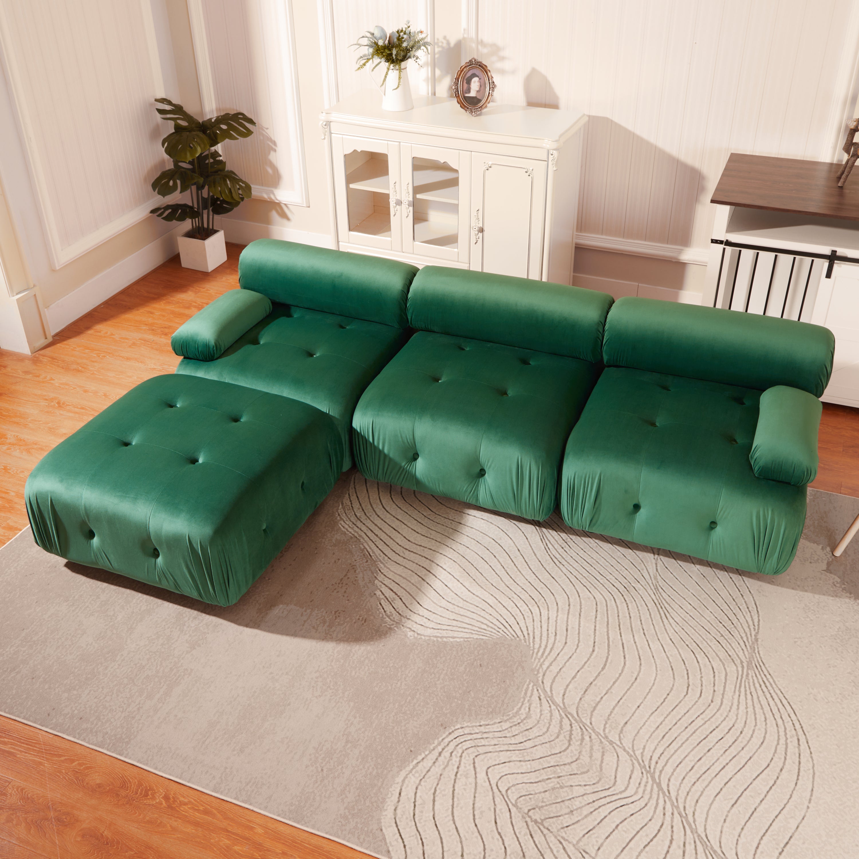 Modular Sectional Sofa Couch, Modern L Shaped Cloud Couch with Reversible Ottoman Convertible Button Tufted Velvet Fabric Couches for Living Room, DIY Combination,Green