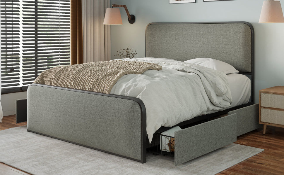 Modern Metal Bed Frame with Curved Upholstered Headboard and Footboard Bed with 4 Storage Drawers, Heavy Duty Metal Slats, Full Size, Grey - Atlantic Fine Furniture Melbourne FL