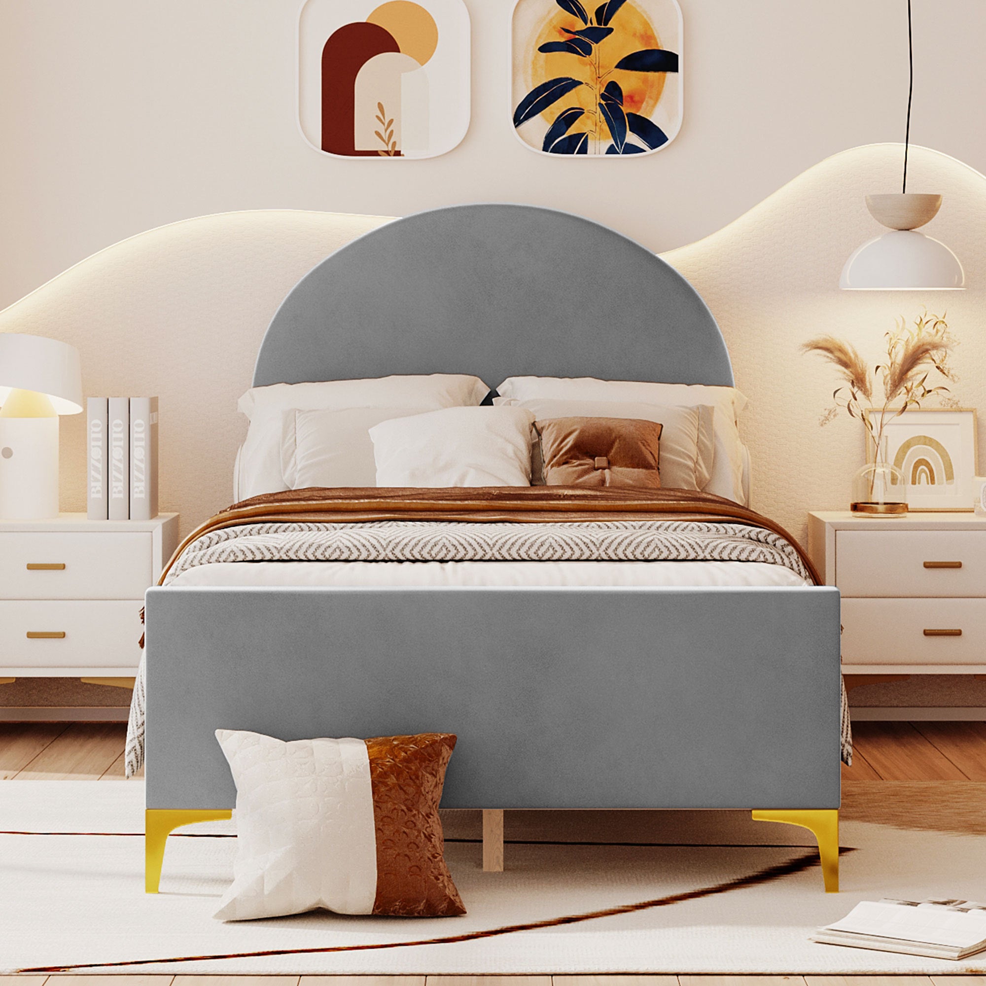 Twin Size Upholstered Platform Bed with Classic Semi-circle Shaped headboard and Mental Legs, Velvet, Gray - Atlantic Fine Furniture Melbourne FL