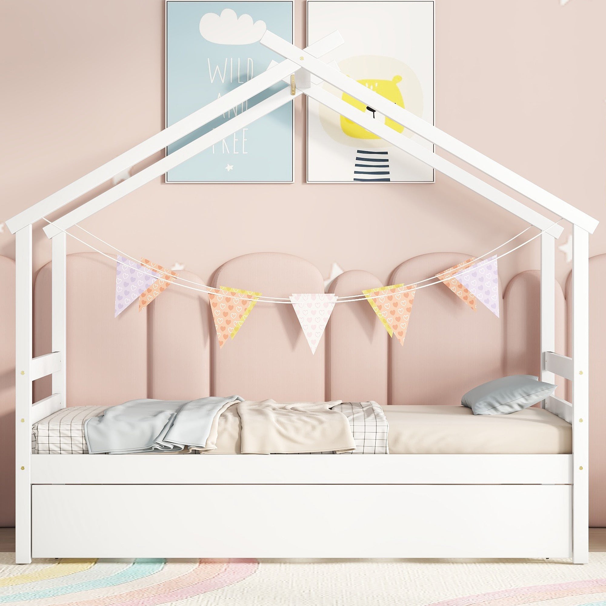 Twin Size House-shaped Bed with Trundle,White