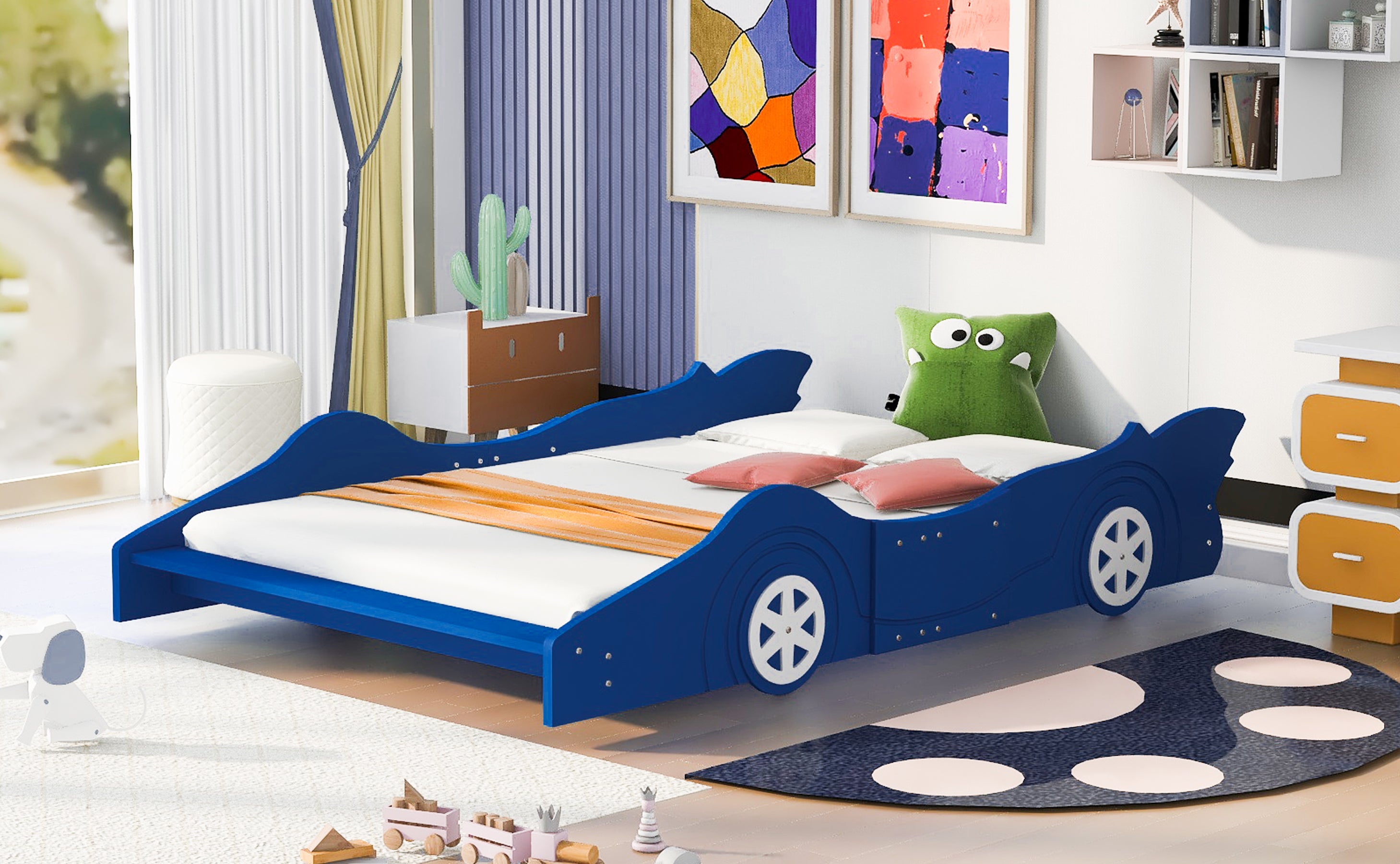 Full Size Race Car-Shaped Platform Bed with Wheels,Blue - Atlantic Fine Furniture Melbourne FL