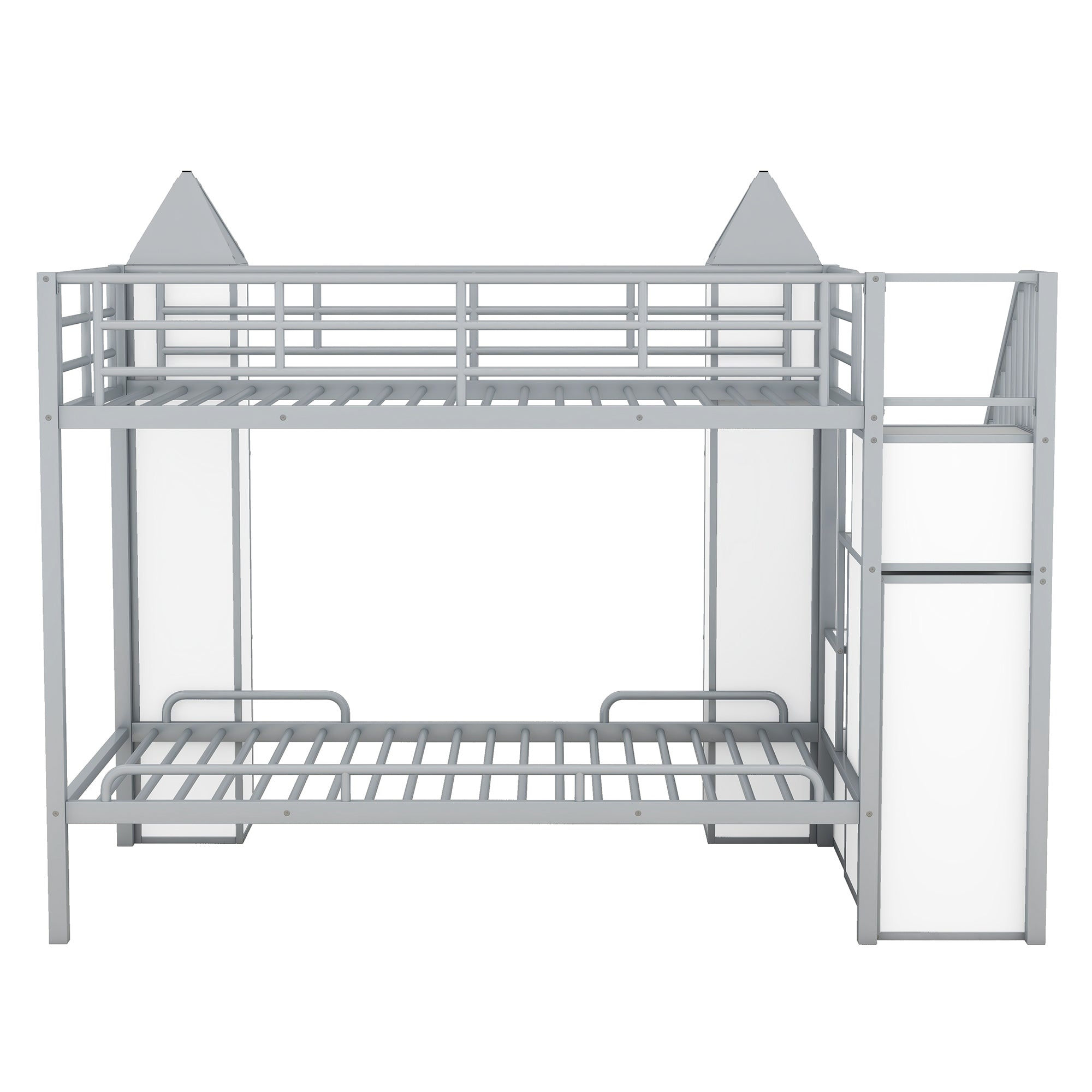 Metal Twin over Twin Castle-shaped Bunk Bed with Wardrobe and Multiple Storage, Gray+White - Atlantic Fine Furniture Melbourne FL
