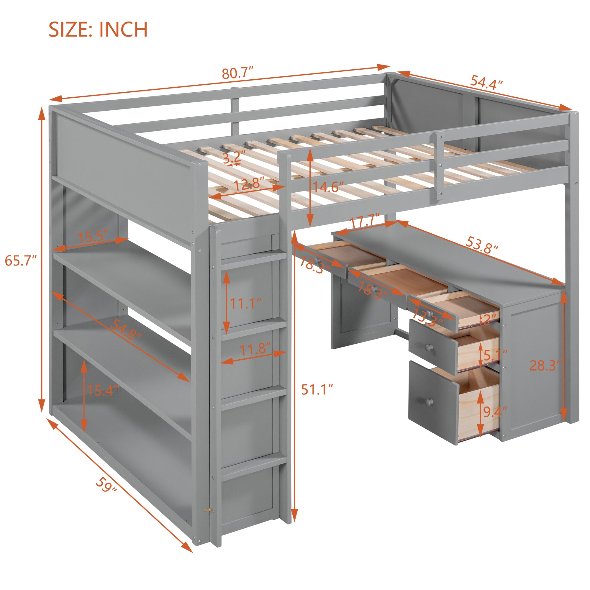 Full Size Loft Bed with Ladder, Shelves, and Desk, Gray - Atlantic Fine Furniture Melbourne FL