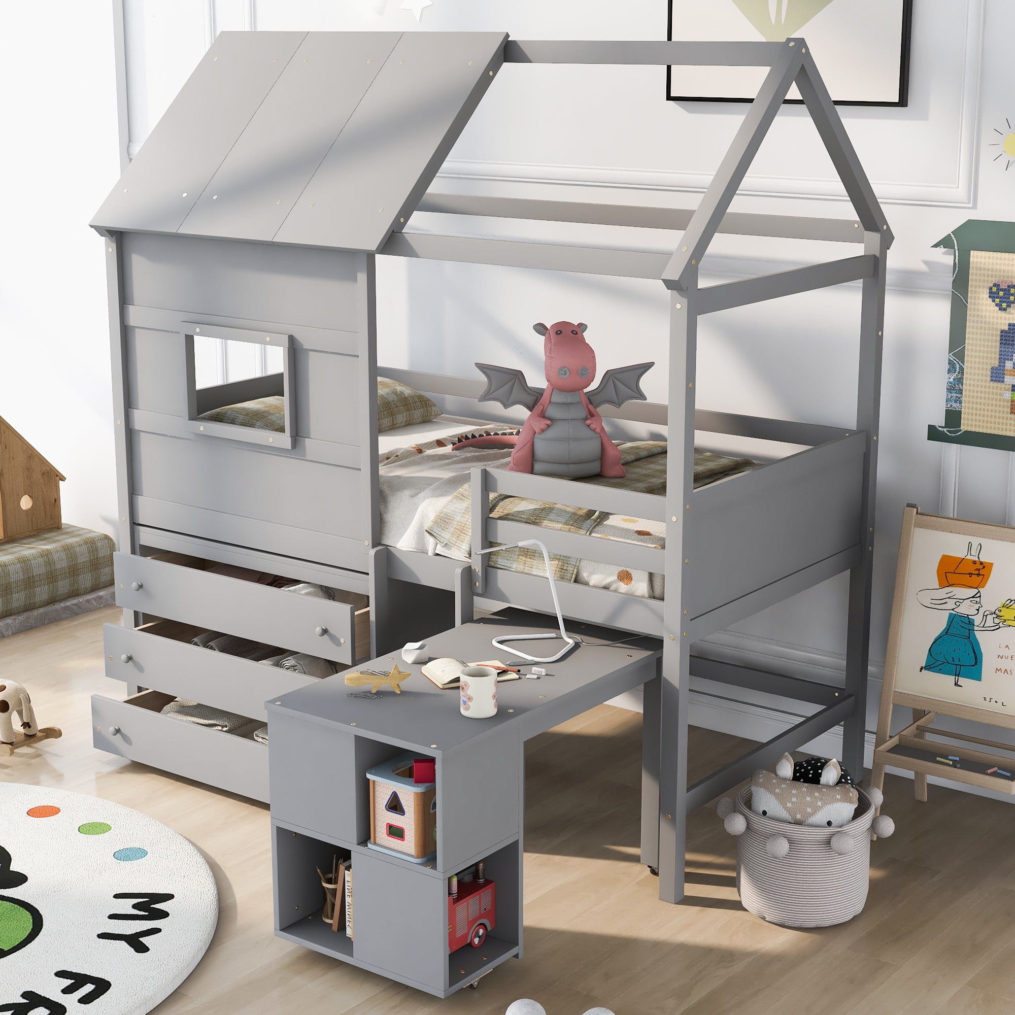 Twin Size House Loft Bed with Storage Desk and 3 Drawer Chest, Gray - Atlantic Fine Furniture Melbourne FL