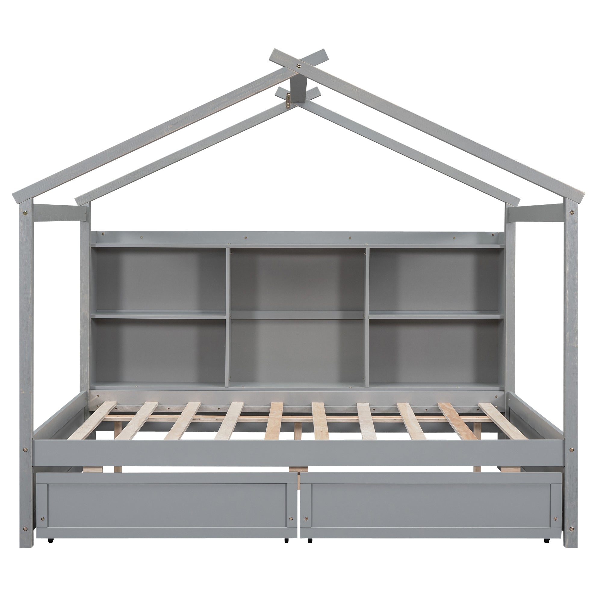 Full Size House Bed with Storage Shelves and 2 Drawers, Brushed Gray - Atlantic Fine Furniture Melbourne FL