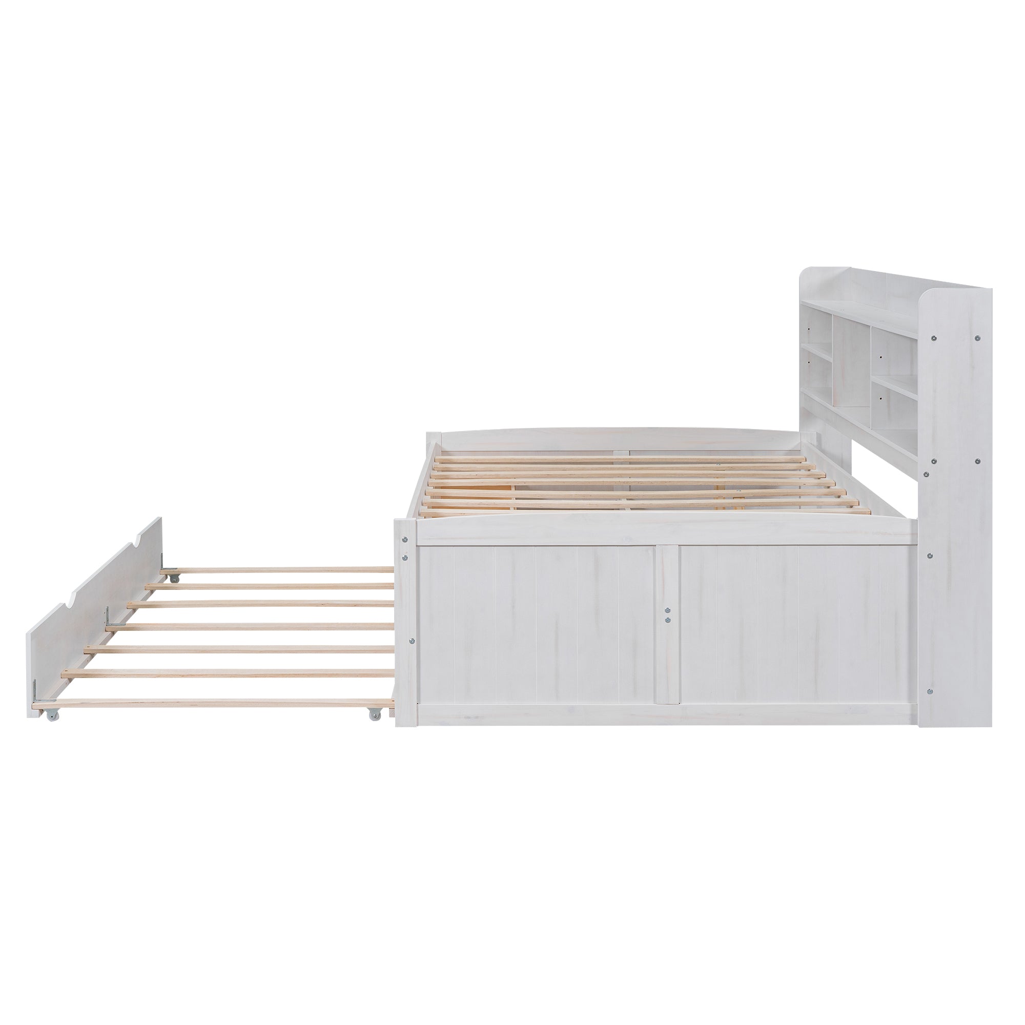 Full Size Wooden Captain Bed with Built-in Bookshelves,Three Storage Drawers and Trundle,White Wash - Atlantic Fine Furniture Melbourne FL