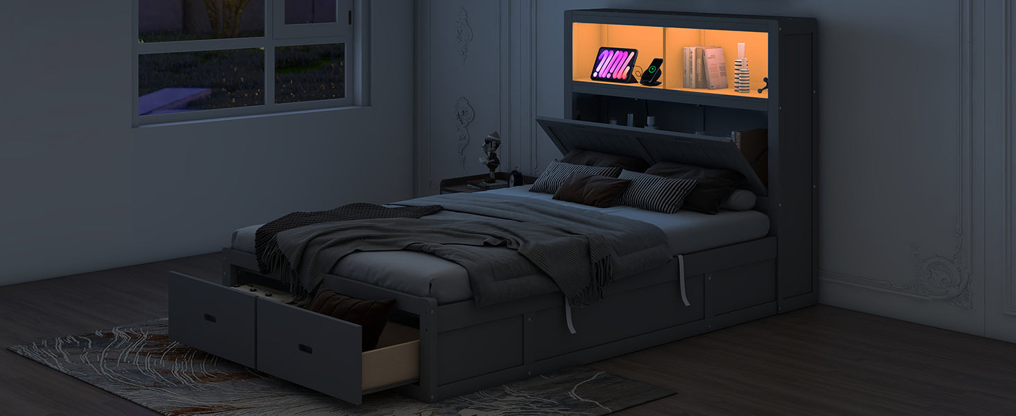 Wood Full Size Hydraulic Platform Bed with Storage LED Headboard, Charging Station and 2 Drawers, Gray - Atlantic Fine Furniture Melbourne FL