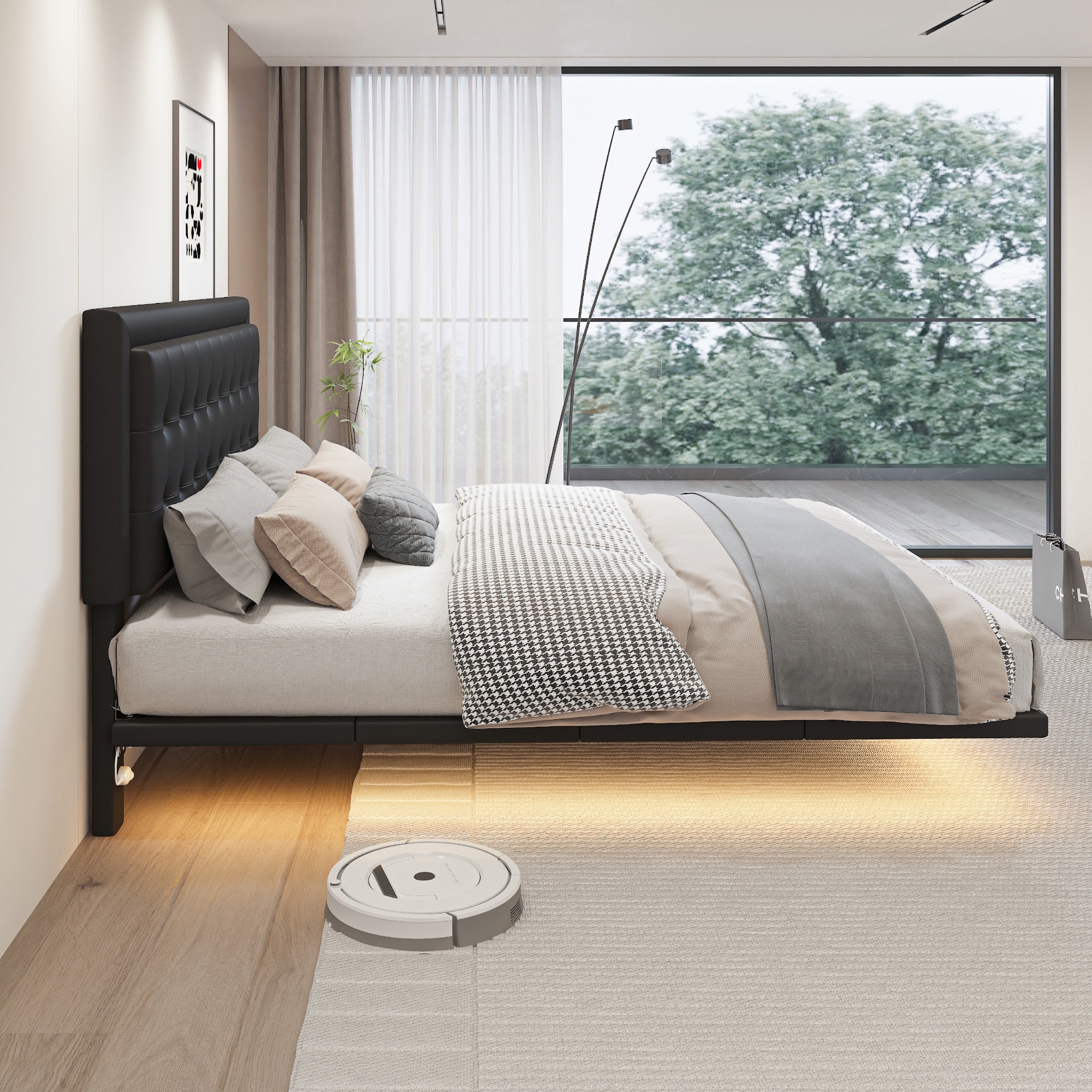 Queen Size Floating Bed Frame with Motion Activated Night Lights,Modern PU Upholstered Button Tufted Platform Bed Frame,Black - Atlantic Fine Furniture Melbourne FL