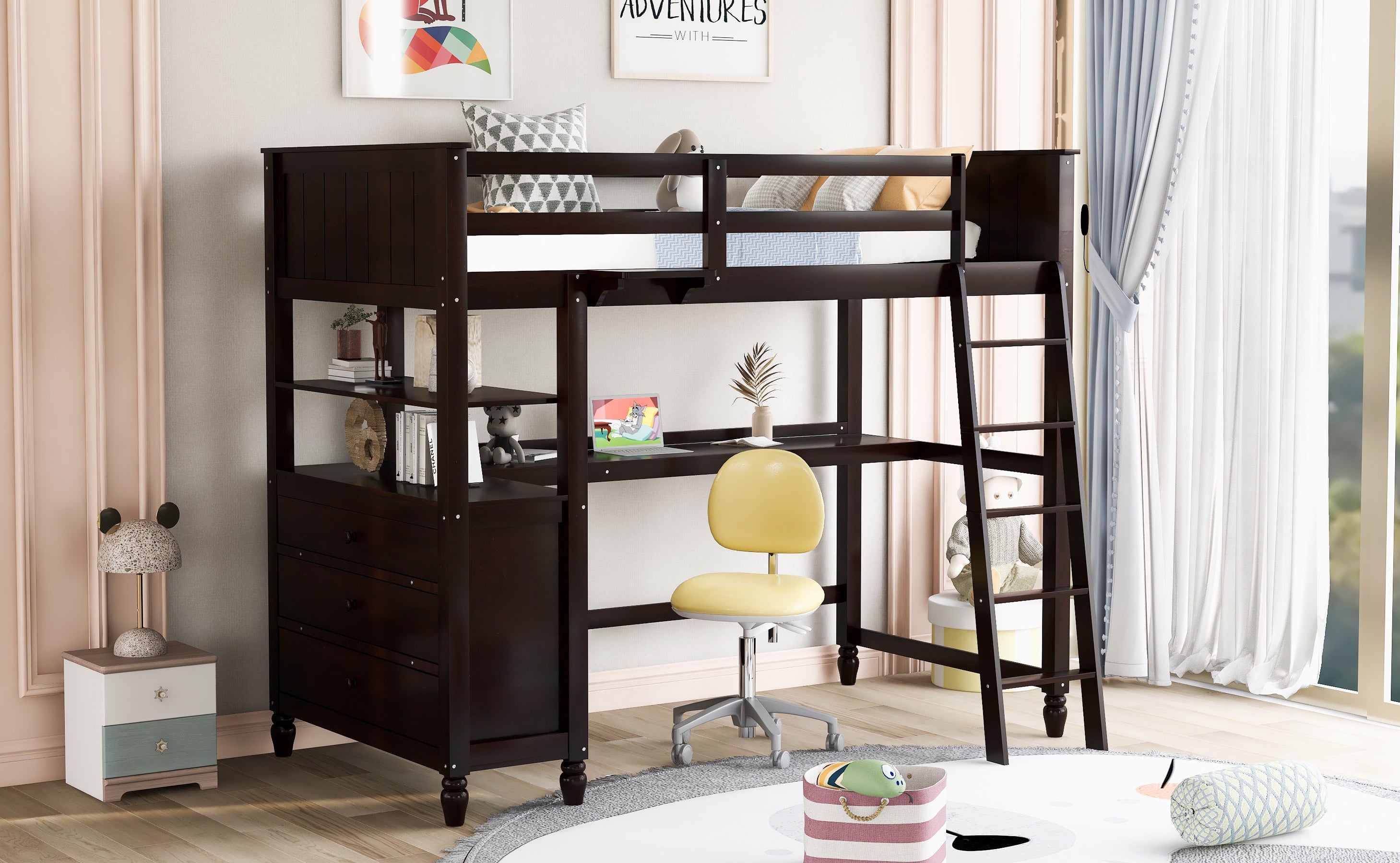 Twin size Loft Bed with Drawers and Desk, Wooden Loft Bed with Shelves - Espresso(OLD SKU: LT001530AAP) - Atlantic Fine Furniture Melbourne FL