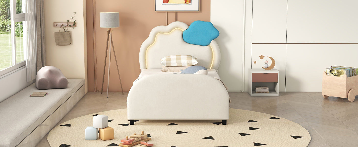 Twin Size Upholstered Platform Bed with Cloud-Shaped Headboard and Embedded Light Stripe, Velvet, Beige - Atlantic Fine Furniture Melbourne FL