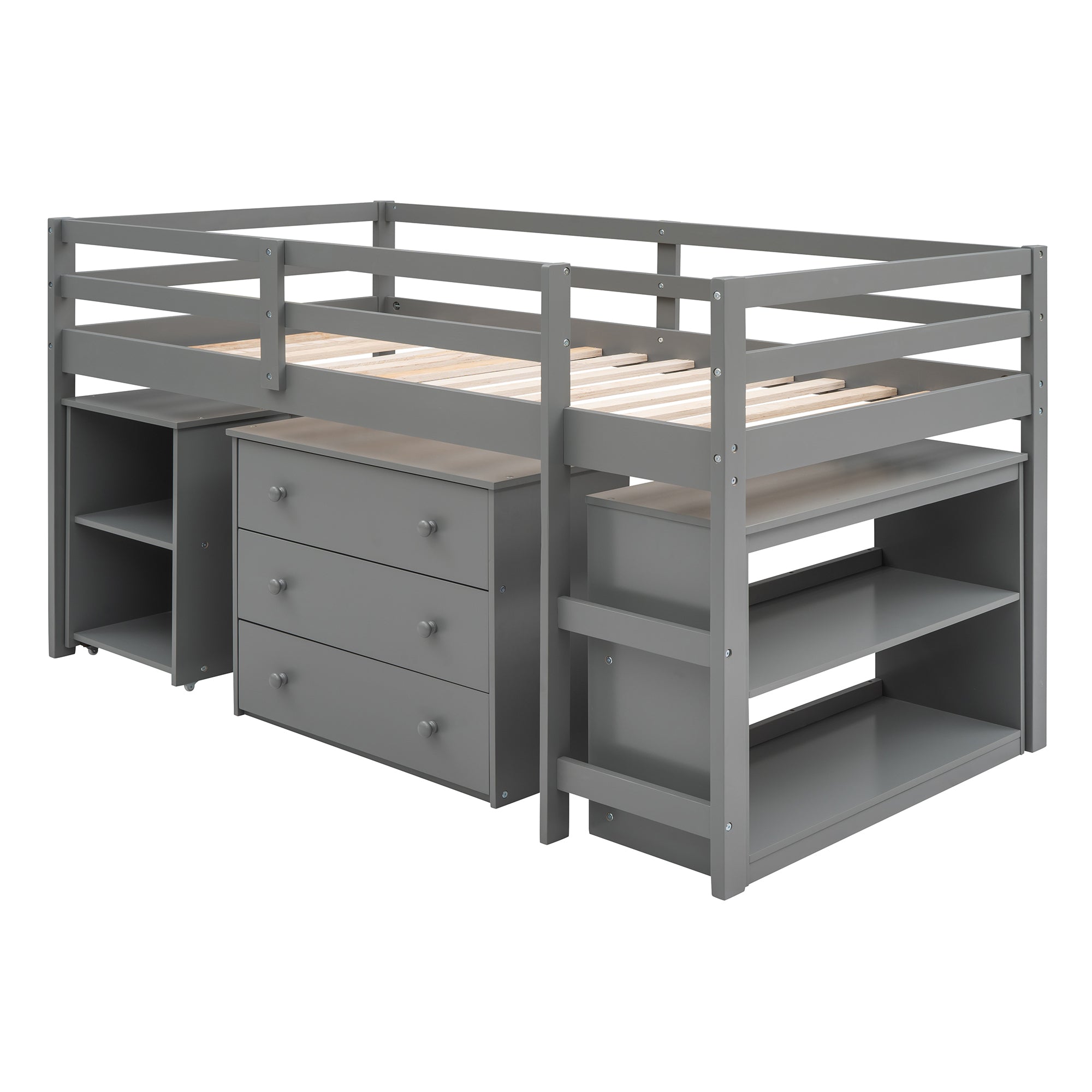 Low Study Twin Loft Bed with Cabinet and Rolling Portable Desk - Gray (OLD SKU :LP000113AAE) - Atlantic Fine Furniture Melbourne FL