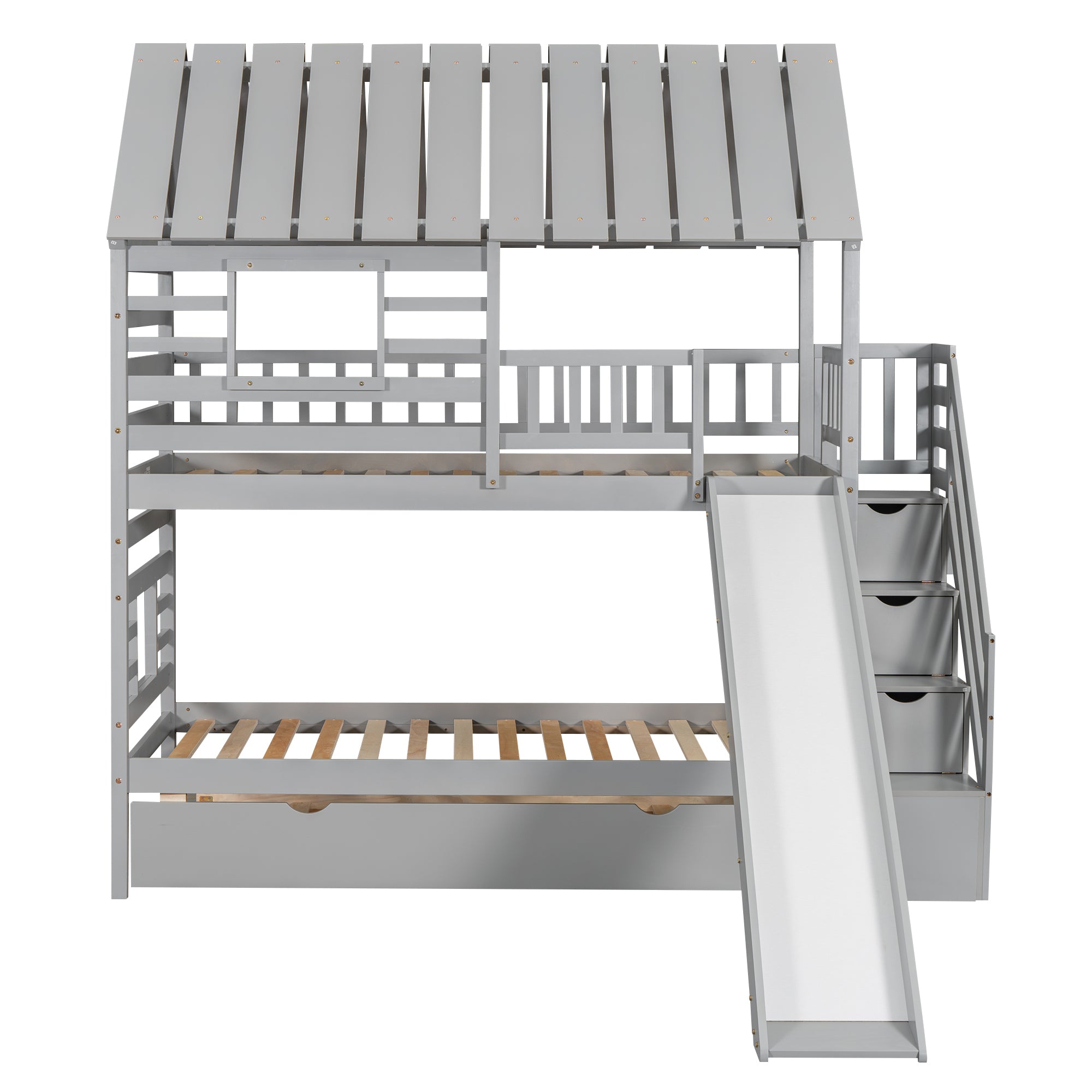 Twin over Twin House Bunk Bed with Trundle and Slide, Storage Staircase, Roof and Window Design, Gray(Old SKU: GX000931AAE) - Atlantic Fine Furniture Melbourne FL